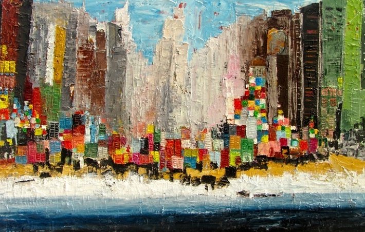 L'image représente une scène urbaine vibrante, réalisée dans un style de peinture à l'huile. On peut voir des gratte-ciels colorés qui se dressent sur un rivage, avec des touches de peinture épaisses et texturées. Les bâtiments sont représentés avec des couleurs vives, créant un contraste avec le ciel bleu clair. La plage au premier plan est visible, séparée par une mer calme, ajoutant une sensation de tranquillité à cette métropole dynamique. L'ensemble dégage une atmosphère moderne et artistique.