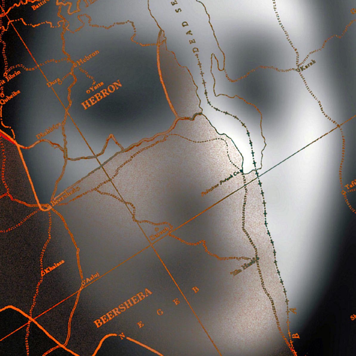 L'image semble être une carte ou un plan représentant une région géographique, probablement au Moyen-Orient en raison des noms mentionnés, comme Hébron et Beer-Sheva. Les détails sont présentés dans des tons sombres avec des lignes orange. Certaines zones semblent floues ou obscurcies, ce qui pourrait indiquer une représentation artistique ou une autre forme d'interprétation visuelle. Des routes ou des frontières peuvent également être visibles, ajoutant un aspect structurel à la carte.