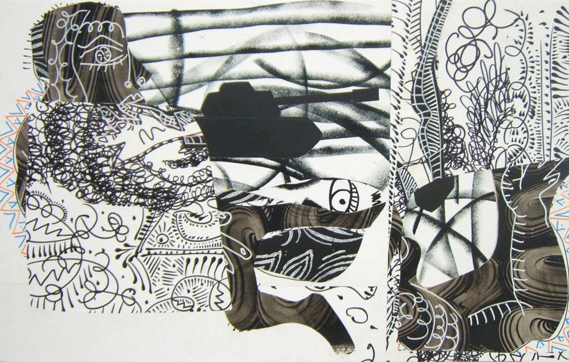 L'image présente une composition artistique abstraite, mélangeant des formes organiques et géométriques. On y trouve des éléments comme des silhouettes, des motifs en noir et blanc, ainsi que des dessins enchevêtrés qui créent une impression de mouvement et de profondeur. Les textures variées et les lignes complexes semblent interagir, évoquant une atmosphère à la fois mystérieuse et dynamique. Des éléments de la nature, comme des arbres ou des yeux stylisés, ajoutent une dimension symbolique à l'ensemble.