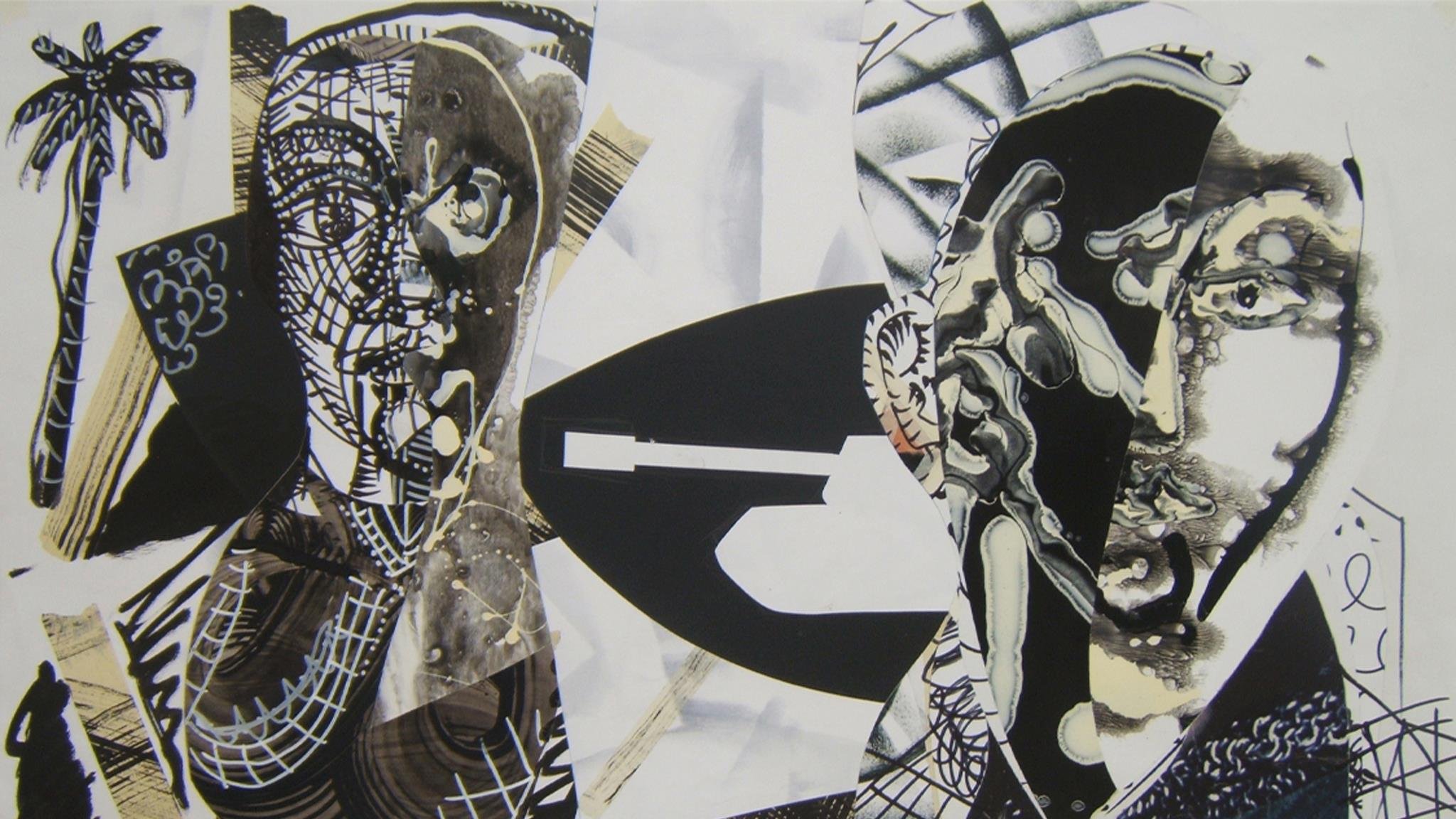 این تصویر یک اثر هنری انتزاعی است که شامل دو چهره انسان میباشد. چهرهها به شیوهای غیرمعمول و با استفاده از الگوهای مختلف و رنگهای سیاه و سفید به تصویر کشیده شدهاند. در پسزمینه، اشکال هندسی و متنی ترکیب شده که فضای هنری را غنیتر کرده است. علاوه بر این، عناصر دیگری مانند درخت نخل و جزئیات بصری دیگر به اثر افزوده شدهاند که تأثیر کلی و پیچیدگی آن را بیشتر میکند. این اثر به نظر میرسد که مفاهیم اجتماعی یا فرهنگی را به چالش میکشد.