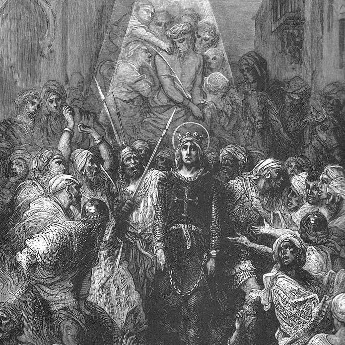 L'image représente une scène dramatique avec des figures en robe, visiblement en train de crier ou de manifester une forte émotion. Au centre, une figure portant une couronne semble entourée de personnes en colère ou tourmentées. Il y a une lumière rayonnante provenant d'en haut qui éclaire le personnage central, créant un contraste avec l'obscurité environnante. Cela évoque une ambiance de tension, de conflit ou de crise, possiblement d'une scène historique ou religieuse.