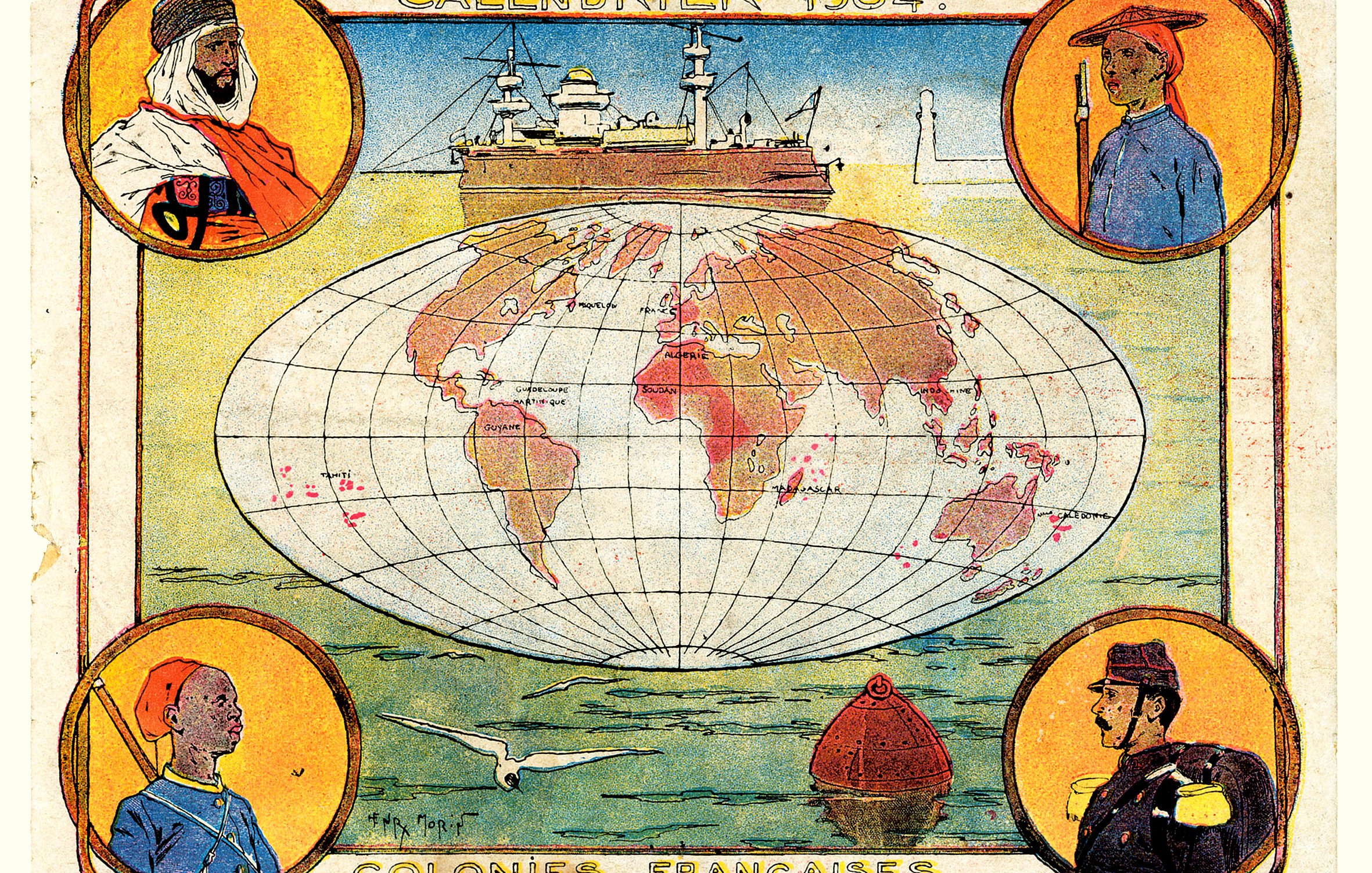 L'image représente un calendrier de l'année 1904, centré sur le thème des colonies françaises. Au centre, une carte du monde stylisée est présentée avec une vue des continents entourés par l'océan. Quatre portraits ornent les coins, représentant des personnes portant des vêtements typiques de différentes régions coloniales. En arrière-plan, un navire à vapeur est visible, symbolisant le commerce et la colonisation. Le tout est décoré avec des couleurs vives, ajoutant une touche artistique à ce calendrier historique.