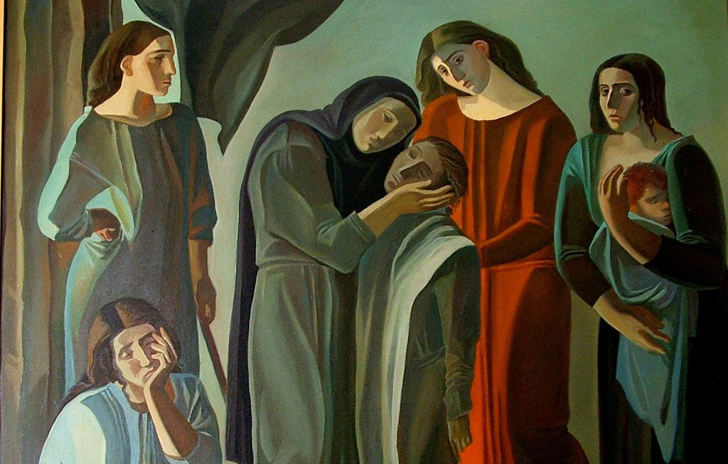 Cette image représente un groupe de femmes dans une scène émotive. Elles sont disposées de manière à créer une dynamique forte. Au centre, une femme en deuil semble consoler une autre, tandis qu'une troisième femme, habillée de rouge, observe la scène avec compassion. D'autres figures, dont une tient un enfant, ajoutent à l'atmosphère de tristesse et de solidarité. Les couleurs sont plutôt sombres et les expressions des visages transmettent des sentiments profonds de chagrin et de réconfort. L'ensemble dégage une forte impression de soutien émotionnel dans un moment difficile.