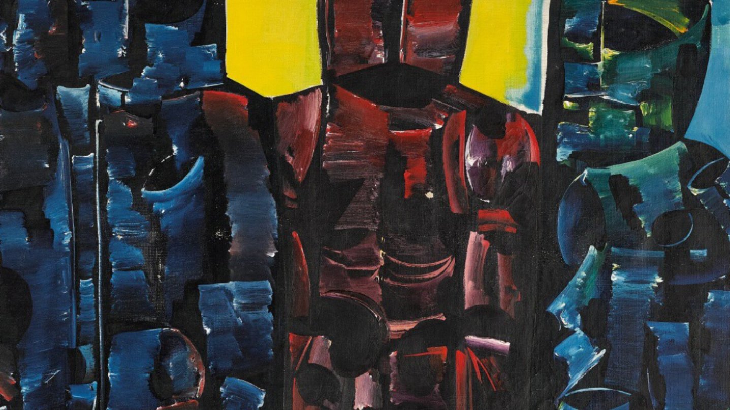 Trois silhouettes stylisées en couleurs sombres sur un fond jaune lumineux.