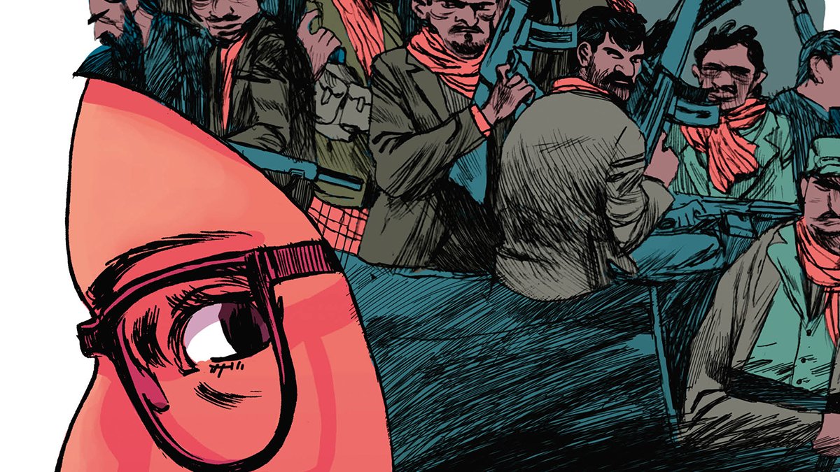 L'image représente un profil d'une personne portant des lunettes et un hijab. À l'arrière-plan, on voit des silhouettes d'hommes armés, semblant prêts à se battre, ce qui crée un contraste puissant avec le visage en avant-plan. Les couleurs utilisées sont vives, avec une prédominance de teintes rouges et sombres, ajoutant une atmosphère dramatique à l'ensemble. L'œuvre évoque des thèmes de conflit et de dualité entre la paix et la violence.