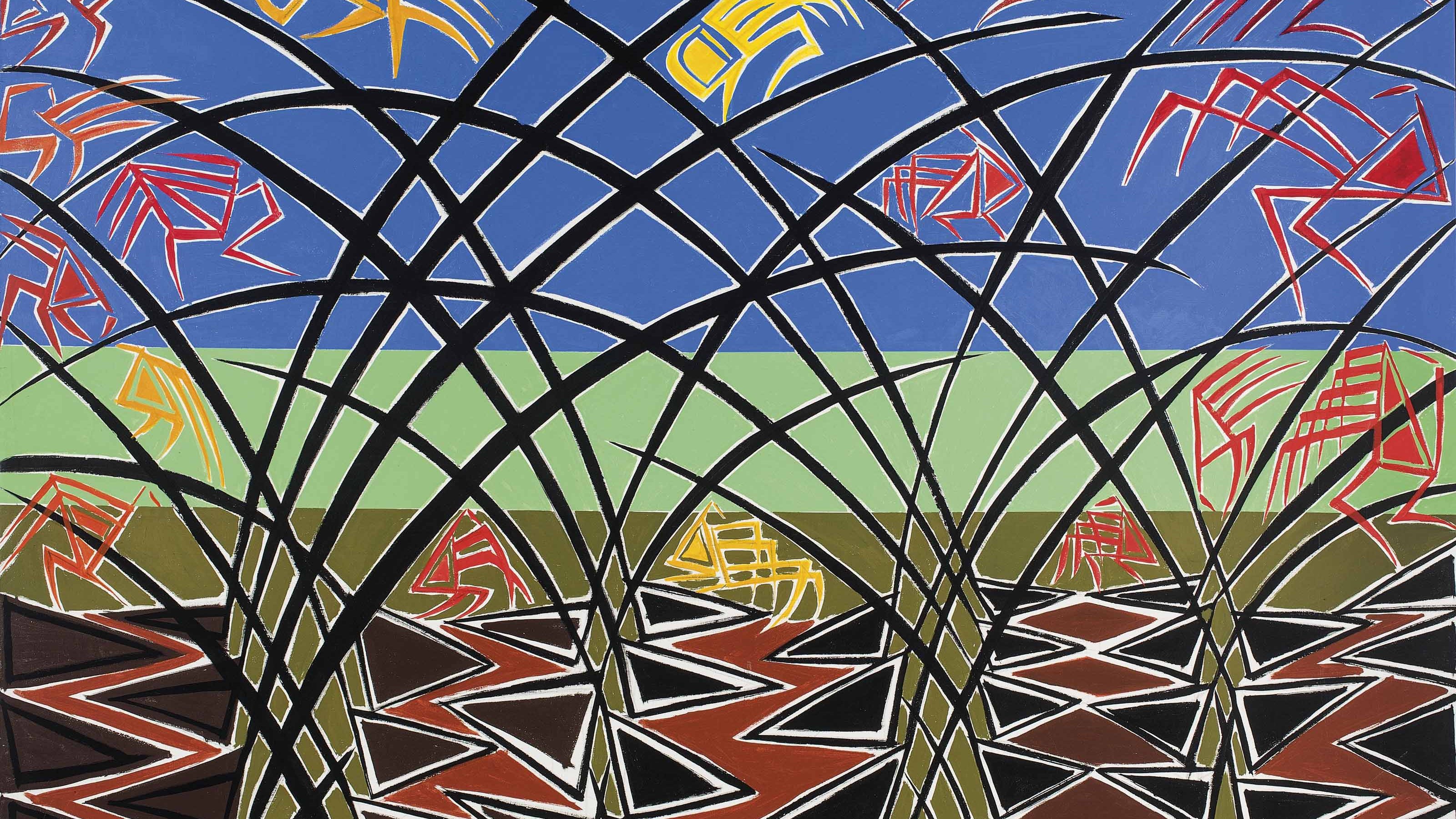 L'image présente une œuvre d'art abstraite avec des motifs géométriques vibrants. On y voit une disposition de formes angulaires et de lignes entrecroisées qui créent une impression de profondeur et de mouvement. Les couleurs utilisées incluent des bleus vifs, des verts, des rouges et des jaunes, donnant un effet dynamique. La composition semble évoquer une interaction entre la nature et des éléments stylisés, tout en offrant une sensation de rythme et de complexité visuelle.