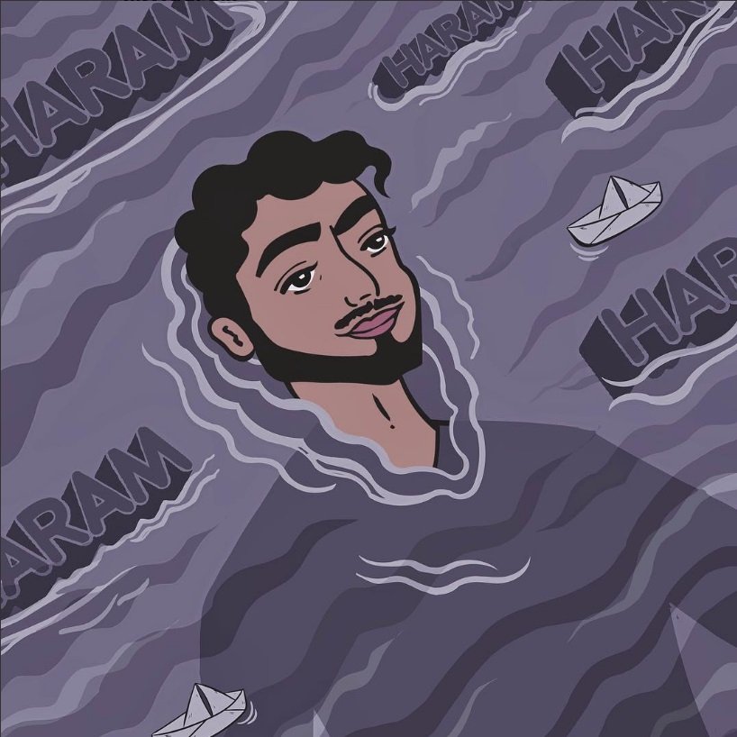 L'image représente un personnage stylisé avec des cheveux bouclés et un léger sourire. Il émerge d'un fond de vagues aux tonalités violettes. Des barques blanches flottent autour de lui, et le mot "HARAM" apparaît plusieurs fois dans le fond. L'ensemble de l'illustration donne une atmosphère à la fois contemplative et dynamique.