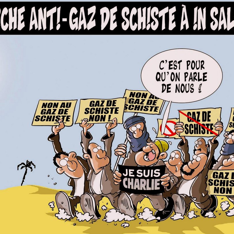 L'image représente une caricature humoristique d'une manifestation contre le gaz de schiste. Des personnages portant des pancartes expriment leur refus de l'exploitation du gaz de schiste, avec des slogans tels que "Non au gaz de schiste" et "Je suis Charlie". En arrière-plan, on peut voir un paysage désertique, avec des palmiers, et un ciel ensoleillé. Le ton de l'image semble ironique, suggérant que les manifestants cherchent à attirer l'attention sur leur cause, tout en faisant référence à des événements récents. L'inscription « Bonne année 2956 » ajoute une dimension satirique, insinuant une préoccupation à long terme pour l'environnement.