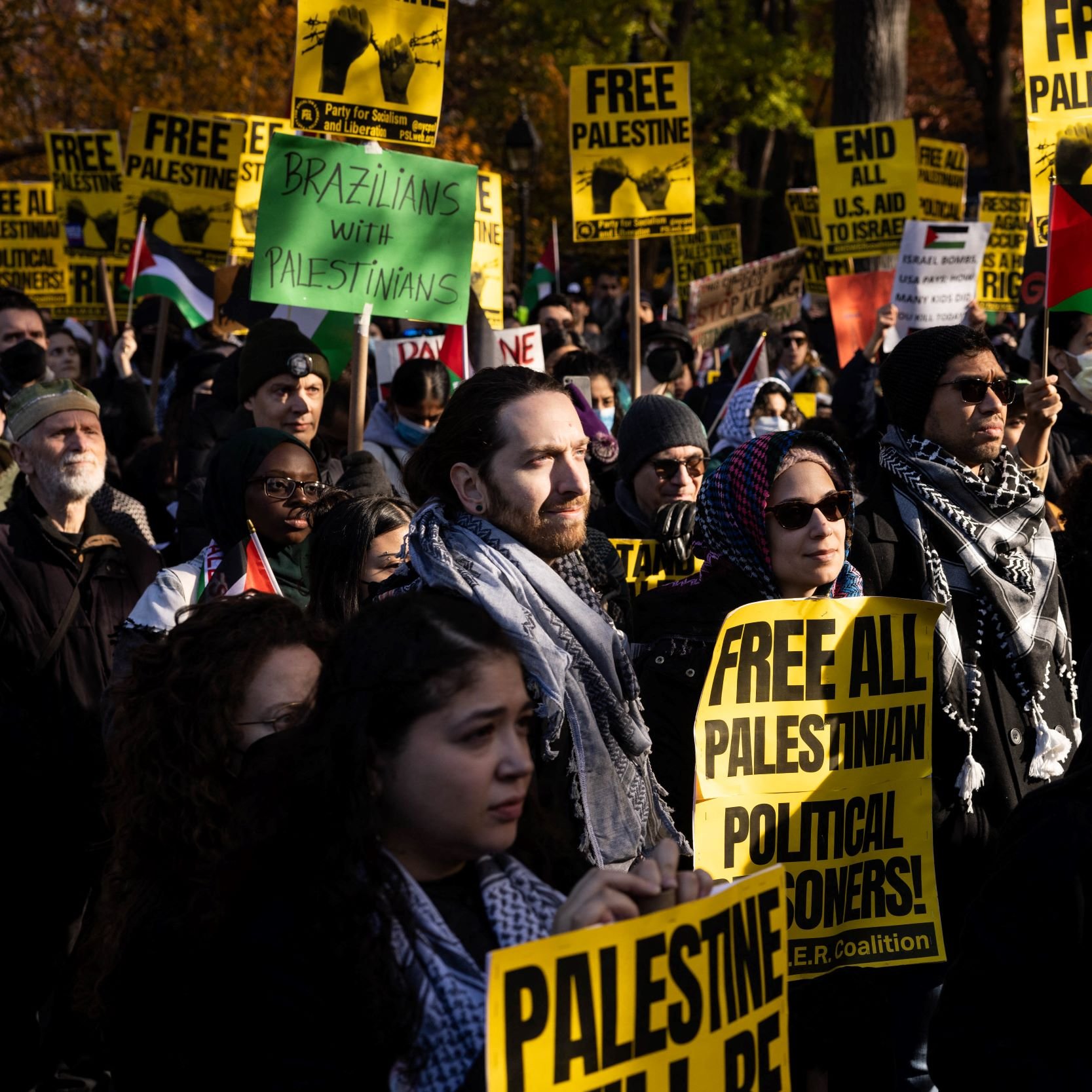 در این تصویر یک تجمع اعتراضی را مشاهده می‌کنیم که افراد زیادی در آن حضور دارند. شرکت‌کنندگان با پلاکاردهایی در دست دارند که بر روی آنها نوشته‌های مربوط به آزادی فلسطین و حمایت از فلسطینی‌ها دیده می‌شود. برخی از حاضرین نیز حول گردن خود شال‌هایی دارند که به نمادهای فرهنگی اشاره دارد. جو کلی تجمع به سمت حمایت از حقوق فلسطینی‌ها و درخواست برای آزادی آن‌هاست. در پس‌زمینه، تعدادی درخت و ساختمان‌ها دیده می‌شوند که نشان‌دهنده یک مکان عمومی است.