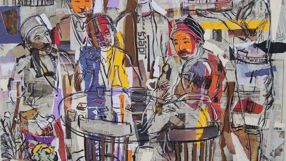 L'image représente une scène animée avec plusieurs personnages autour d'une table. Ils semblent engagés dans une conversation ou une activité sociale. Les personnages sont dessinés avec des traits accentués et des couleurs vives, se détachant sur un fond composé de coupures de journaux et d'autres formes de papier. L'ensemble donne une impression de dynamisme et de convivialité, tout en utilisant des éléments artistiques qui se mélangent harmonieusement.