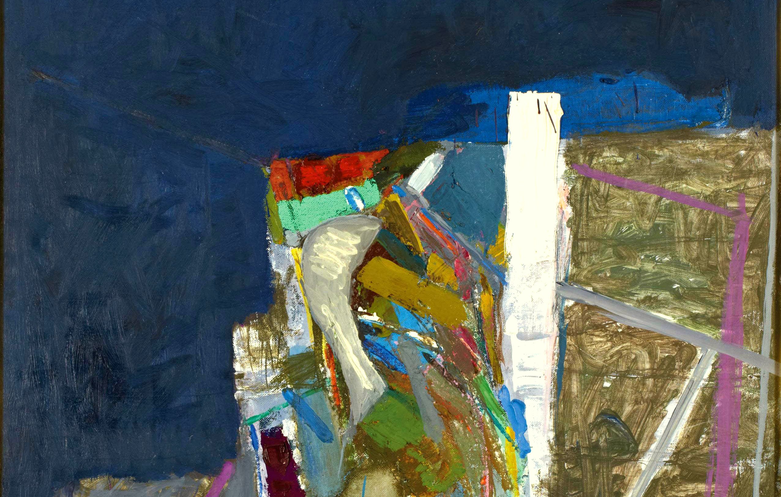 Cette œuvre semble être une peinture abstraite caractérisée par des formes et des couleurs vives. Le tableau présente une composition dynamique avec des tons sombres à l'arrière-plan, en contraste avec des couleurs plus éclatantes comme le rouge, le bleu et le jaune. Les formes géométriques et organiques se mélangent, suggérant un paysage ou une scène qui pourrait être interprétée de différentes manières. La texture de la peinture et la gestuelle du pinceau ajoutent une dimension tactile à l'œuvre.