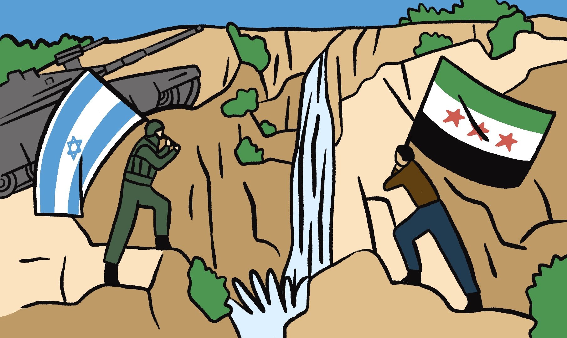 Deux hommes aux drapeaux opposés se font face, près d'une cascade. Un char est en arrière-plan.