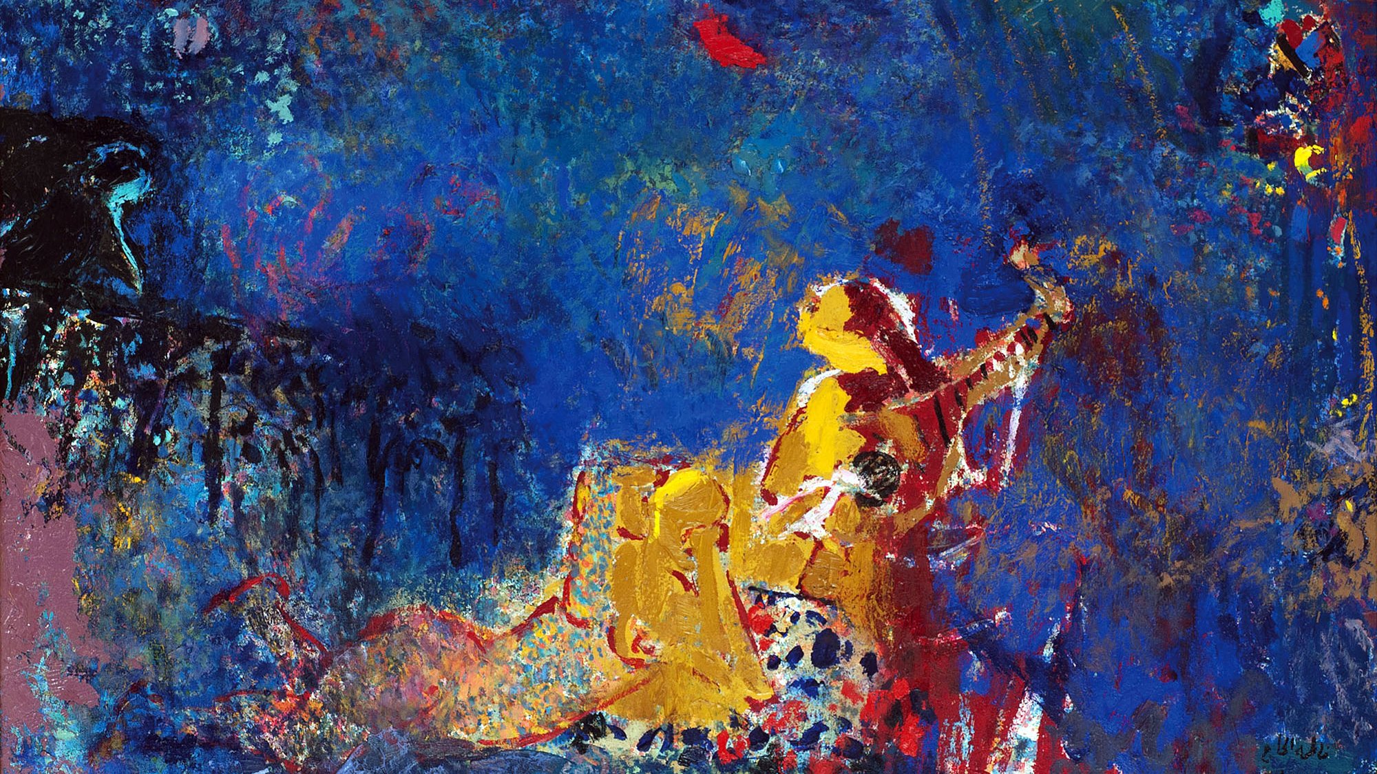 L'image présente une scène colorée avec une prédominance de bleus profonds et vifs. Des touches de couleurs chaudes, comme le jaune et le rouge, sont utilisées pour représenter des figures humaines, probablement en mouvement ou en train de danser. L'arrière-plan est richement texturé, donnant une impression de profondeur et d'émotion. Les formes semblent abstraites, créant une atmosphère dynamique et rêveuse, évoquant une ambiance jubilatoire ou artistique.