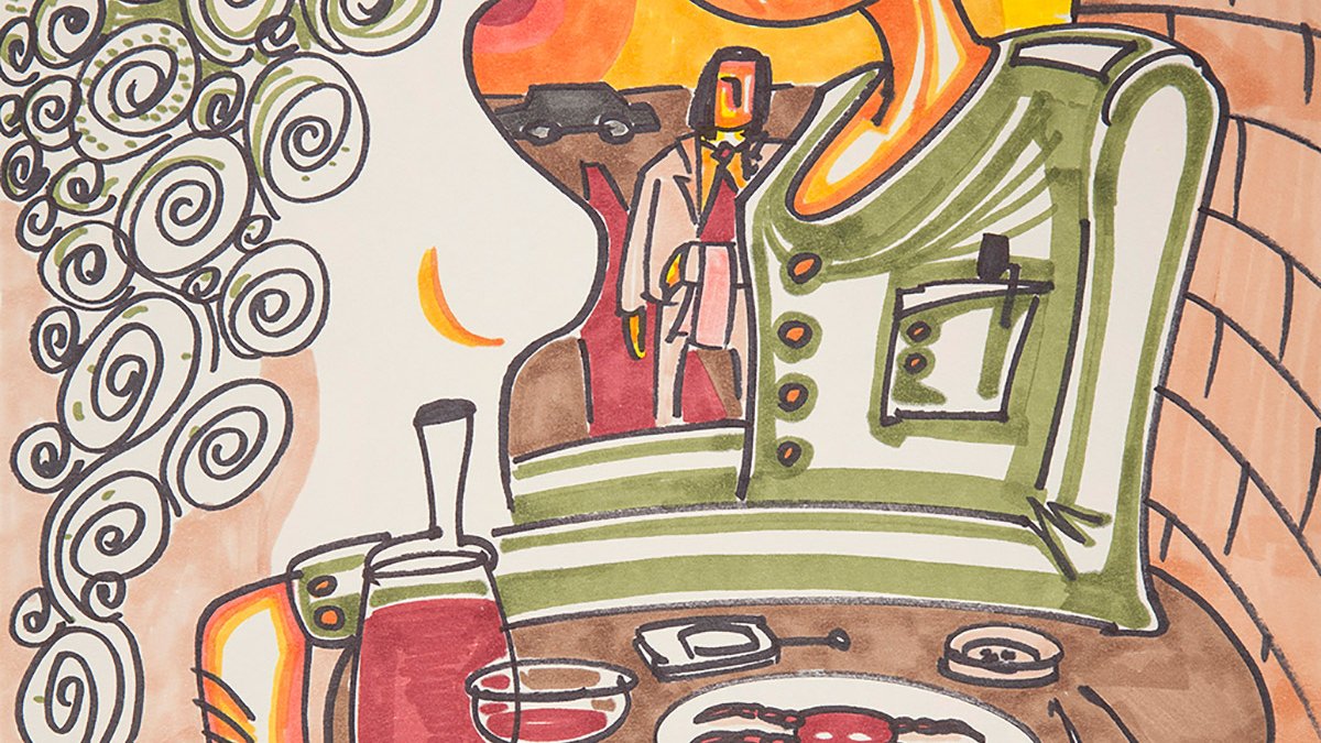 L'image représente une œuvre d'art aux lignes stylisées et aux couleurs vives. Au premier plan, on peut voir une table sur laquelle sont disposés divers objets, comme un verre de vin, une assiette et des cigarettes. À l'arrière-plan, deux personnages aux traits exagérés et abstraits semblent interagir, créant une atmosphère intrigante. L'utilisation de couleurs chaudes et de contours ondulés donne à l'ensemble une ambiance à la fois dynamique et expressive.