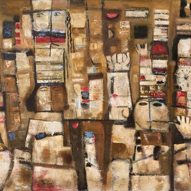 Composition abstraite avec des formes géométriques et des couleurs terreuses, évoquant une ville.