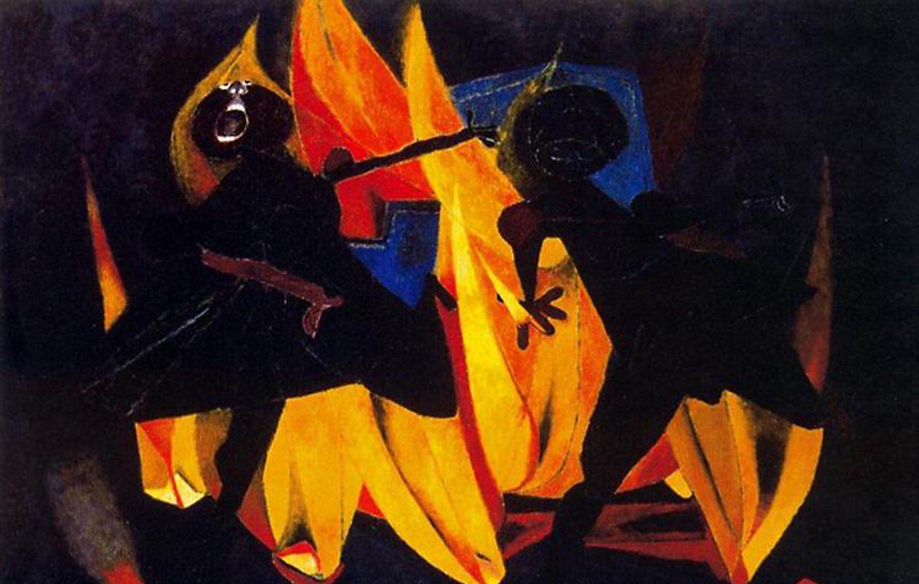 Deux silhouettes dansent devant un feu vibrant, avec des couleurs sombres et vives.