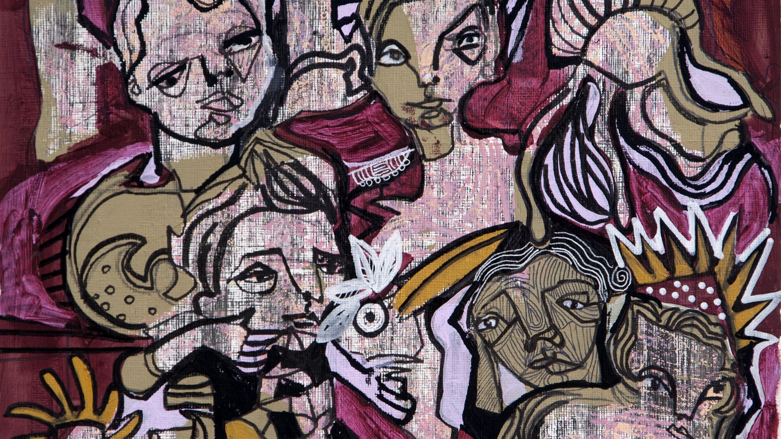 L'image présente une composition artistique animée, mélangeant des figures humaines aux traits stylisés. Les personnages sont dessinés avec des lignes sinueuses et des expressions variées, intégrant des éléments de couleur vives comme le rouge et le beige. On remarque une juxtaposition de formes géométriques et organiques, créant un sentiment de dynamisme. Les visages affichent des émotions et des postures diverses, tandis qu'un arrière-plan riche en textures ajoute à la profondeur de l'œuvre. L'ensemble dégage une atmosphère à la fois étrange et captivante.