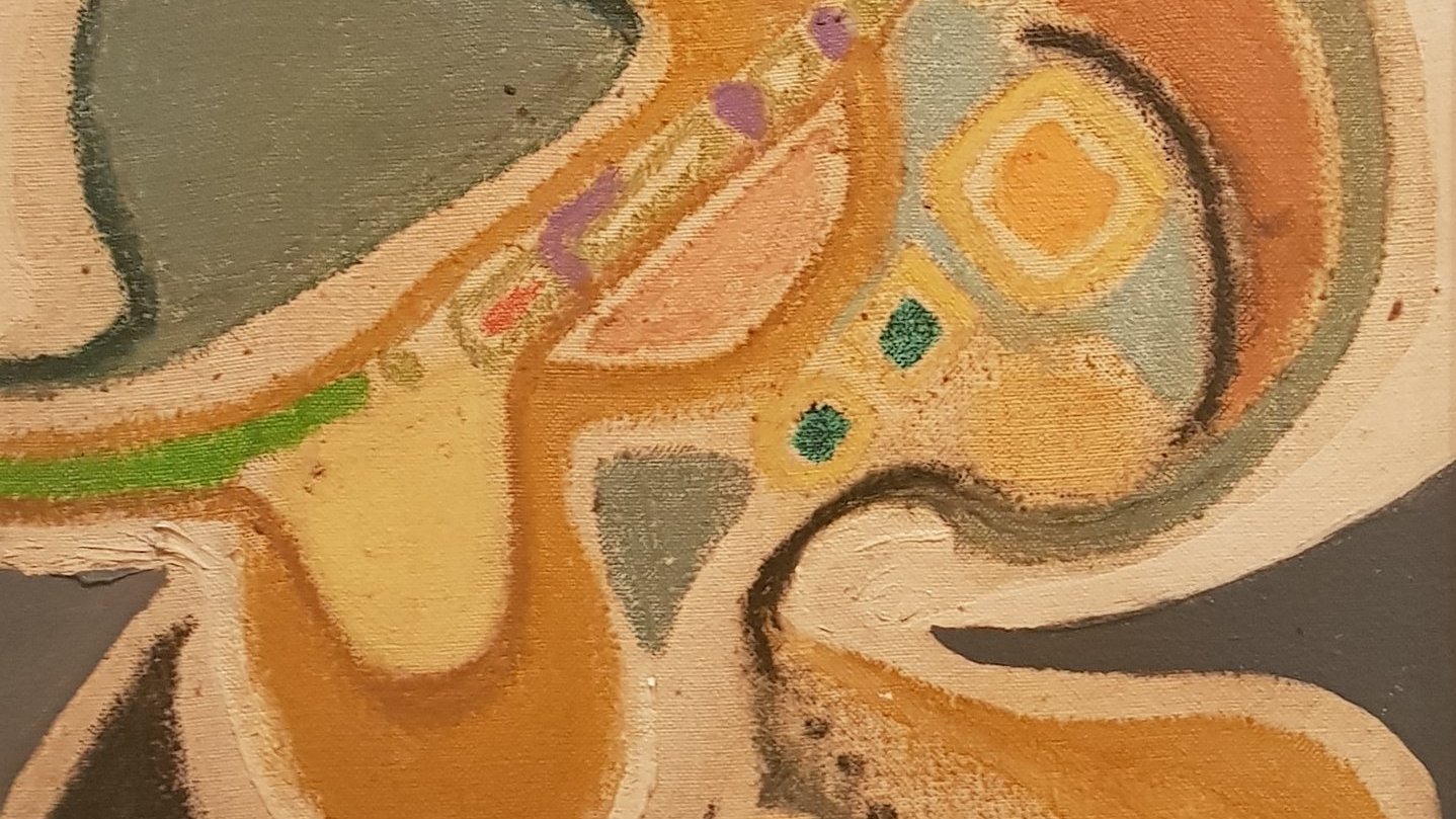 L'image présente une composition abstraite aux formes organiques et fluides. Les couleurs dominantes incluent des tons de beige, vert, et jaune, créant une harmonie visuelle. Les formes semblent interagir de manière dynamique, avec des lignes courbes qui se croisent et se rejoignent. Les éléments géométriques, tels que des carrés et des rectangles de couleurs variées, ajoutent de la profondeur et de l'intérêt à l'œuvre. L'ensemble évoque une sensation de mouvement et de créativité.