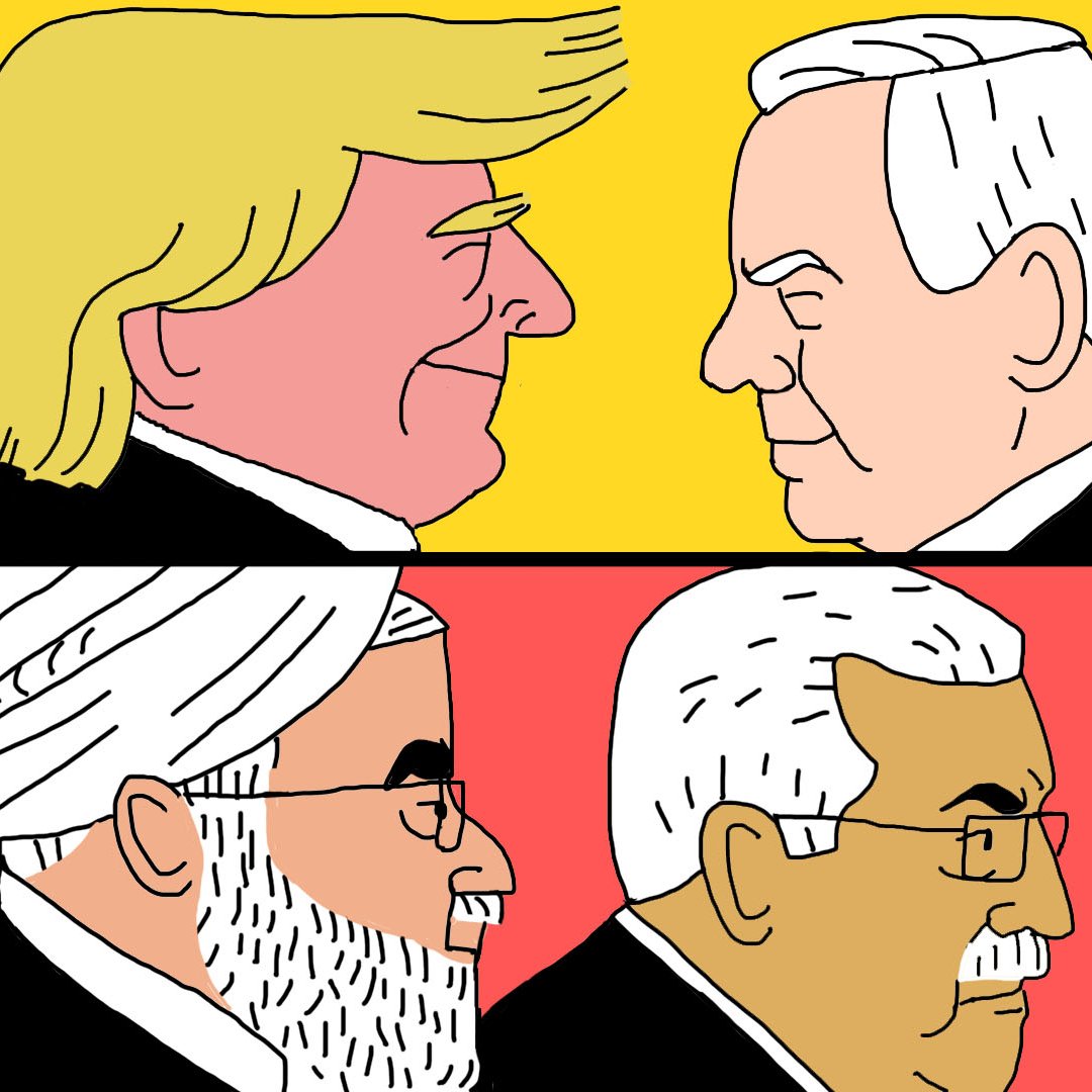 این تصویر شامل چهار شخصیت است که در دو ردیف قرار دارند. در ردیف بالا، چهره‌های دو مرد به سمت یکدیگر نگاه می‌کنند، با پس‌زمینه زرد. یکی از آنها به طور خاص به نظر می‌رسد که شبیه به دونالد ترامپ باشد و دیگری ممکن است نماینده یک کشور عربی باشد. در ردیف پایین، دو شخصیت دیگر در مقابل یکدیگر قرار دارند، با پس‌زمینه قرمز. یکی از این شخصیت‌ها شبیه به حسن روحانی است و دیگری ظاهراً یک مقام فلسطینی است. این تصویر به نوعی به تعاملات سیاسی و دیپلماتیک میان این شخصیت‌ها اشاره دارد.