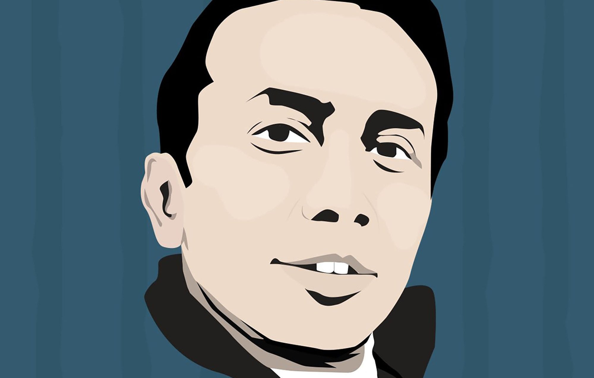 الصورة عبارة عن رسم توضيحي لوجه شخص يظهر بابتسامة خفيفة. لديه شعر داكن ومسرح بشكل عصري، بينما ملامح وجهه تبدو ناعمة. الخلفية بألوان مائية زرقاء تعزز من بروز الوجه بشكل جميل. تعكس الصورة أسلوبًا فنيًا بسيطًا ومعبّرًا.