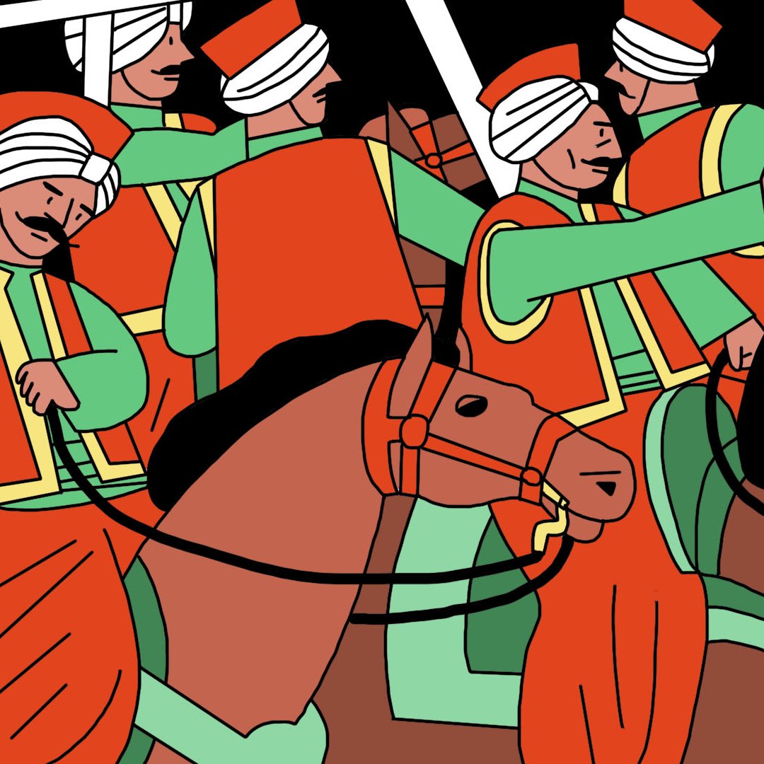 L'image présente un groupe de cavaliers vêtus de costumes traditionnels. Ils portent des turbans et des vêtements colorés, principalement orange et vert. Chaque cavalier tient une lance ou un drapeau. Les chevaux sont également représentés, avec des harnachements décoratifs. L'ensemble dégage une atmosphère dynamique et festive, évoquant une parade ou un rassemblement culturel. Le style est graphique et stylisé, avec des formes simples et des couleurs vives sur un fond noir.