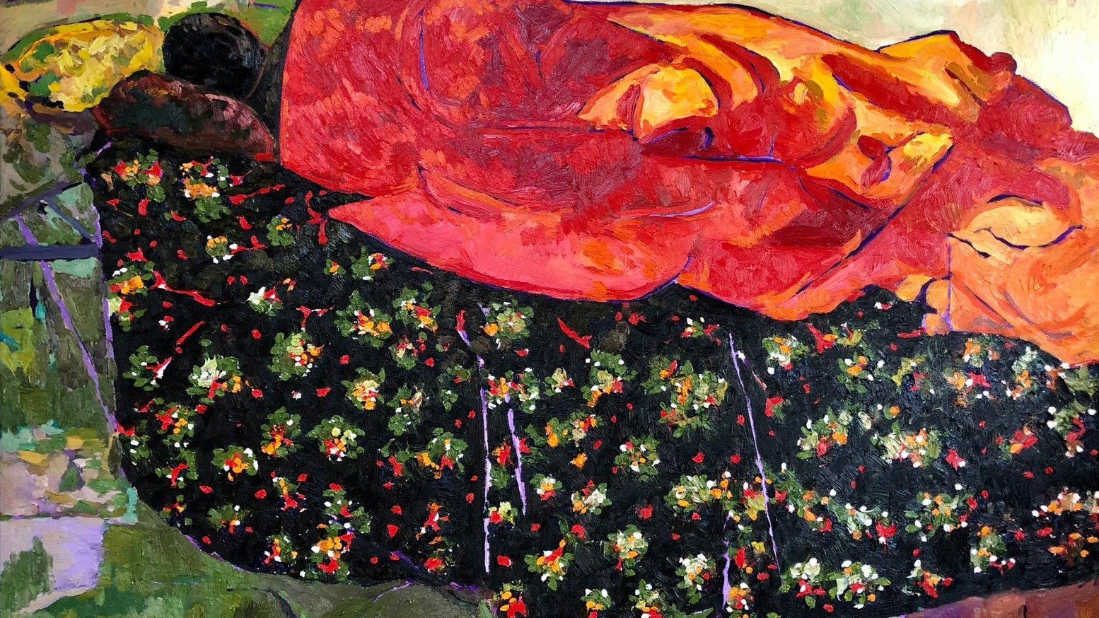 L'image représente une scène de repos, où une personne est allongée sous des couvertures colorées. Les draps sont ornés de motifs floraux, tandis que les couvertures sont d'un rouge vif et d'une texture fluide. L'arrière-plan est composé de couleurs abstraites qui ajoutent une atmosphère chaleureuse et intime à la composition. Le style semble être impressionniste, capturant des traits de couleurs vibrantes et une ambiance douce.