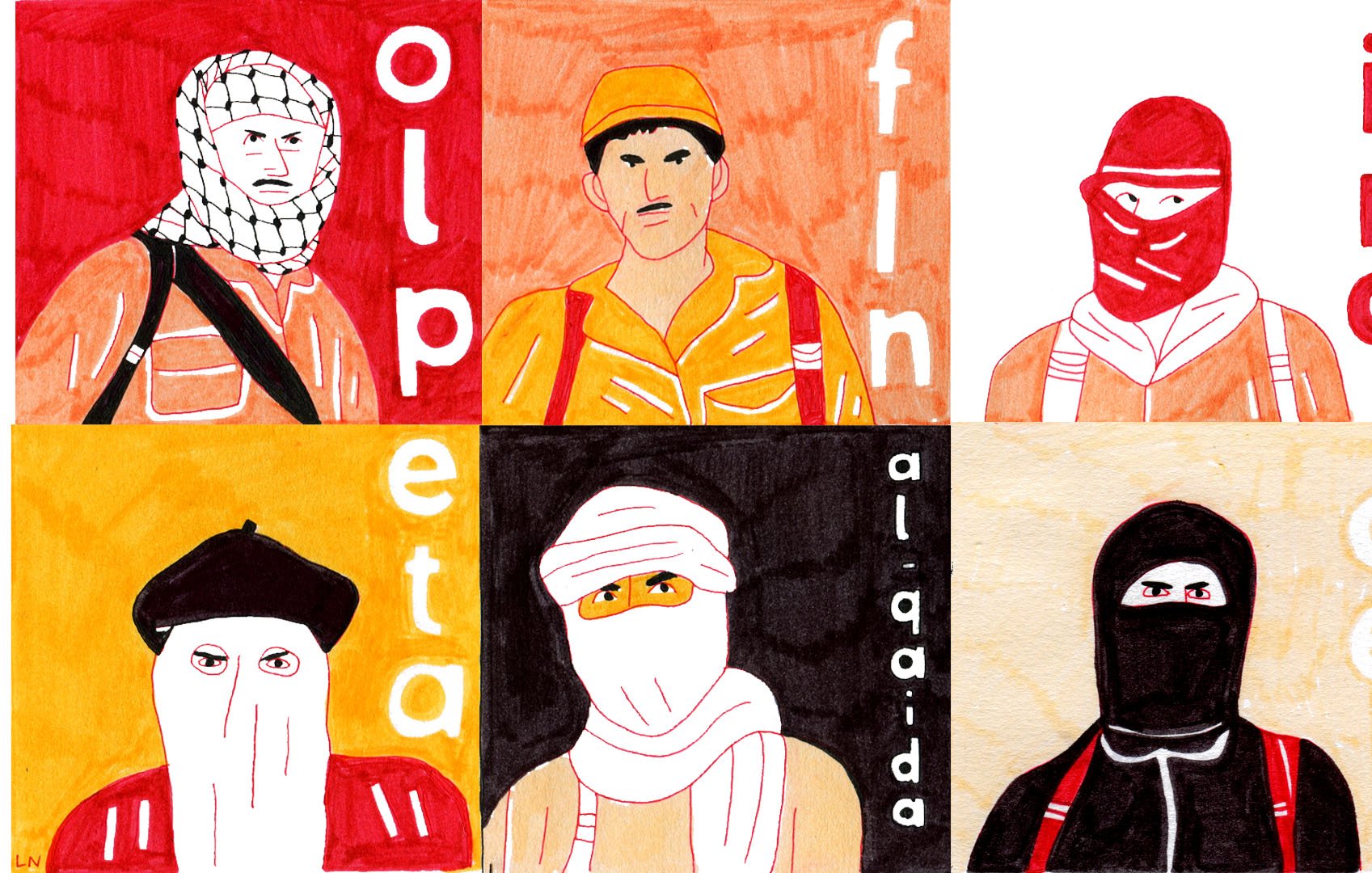 L'image présente un collage de portraits stylisés de personnages portant des vêtements traditionnels, souvent associés à des groupes de militants. Chaque personnage est dessiné dans un style graphique avec des arrière-plans de couleurs différentes (rouge, orange, noir, etc.). Les mots "al-Qaïda" et d'autres lettres sont intégrés dans la composition, évoquant des références à des thématiques liées à la guerre et au terrorisme. L'image semble jouer sur des stéréotypes visuels et évoque des contextes politiques ou sociaux complexes.