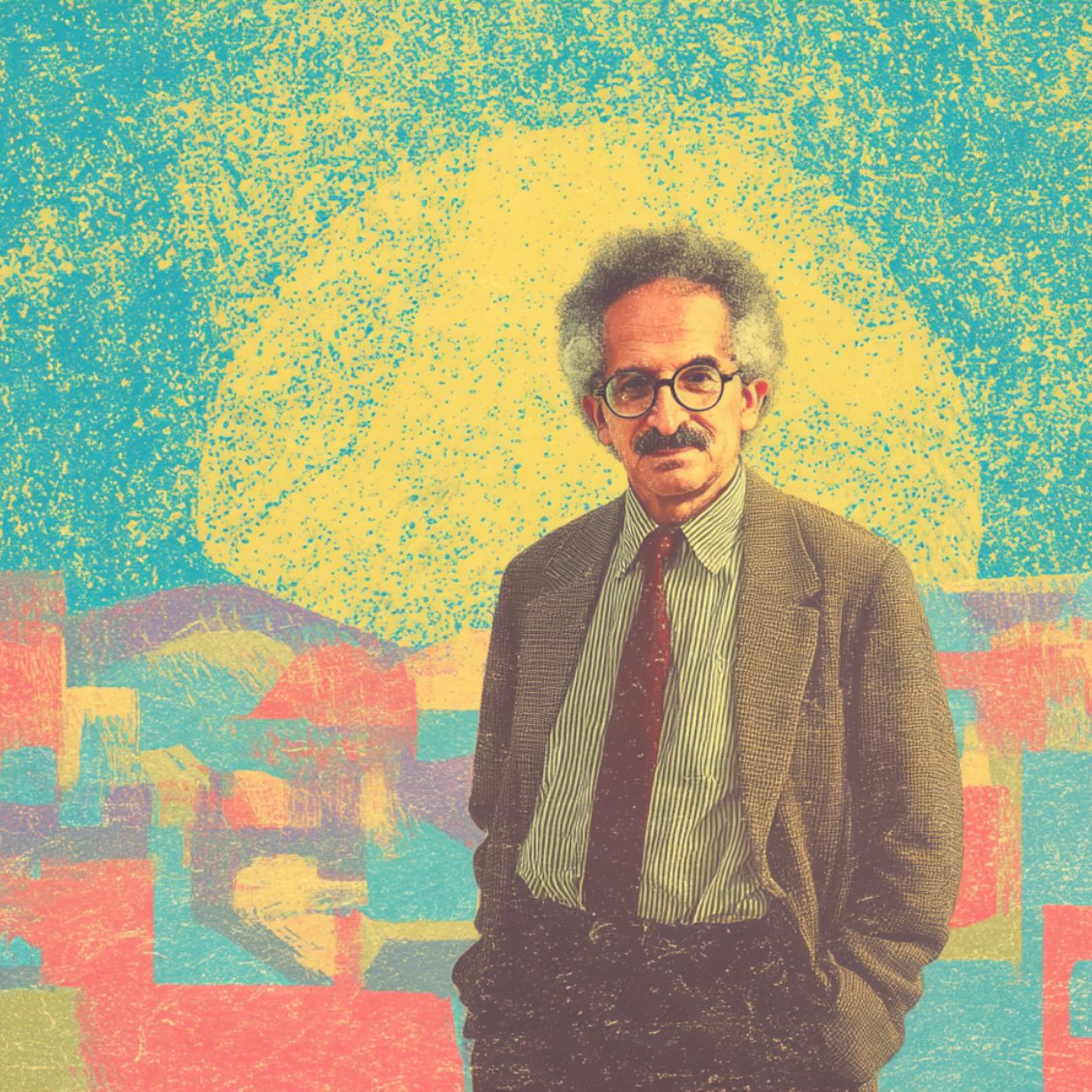 Homme avec des lunettes, veste et cravate, devant un arrière-plan coloré et abstrait.