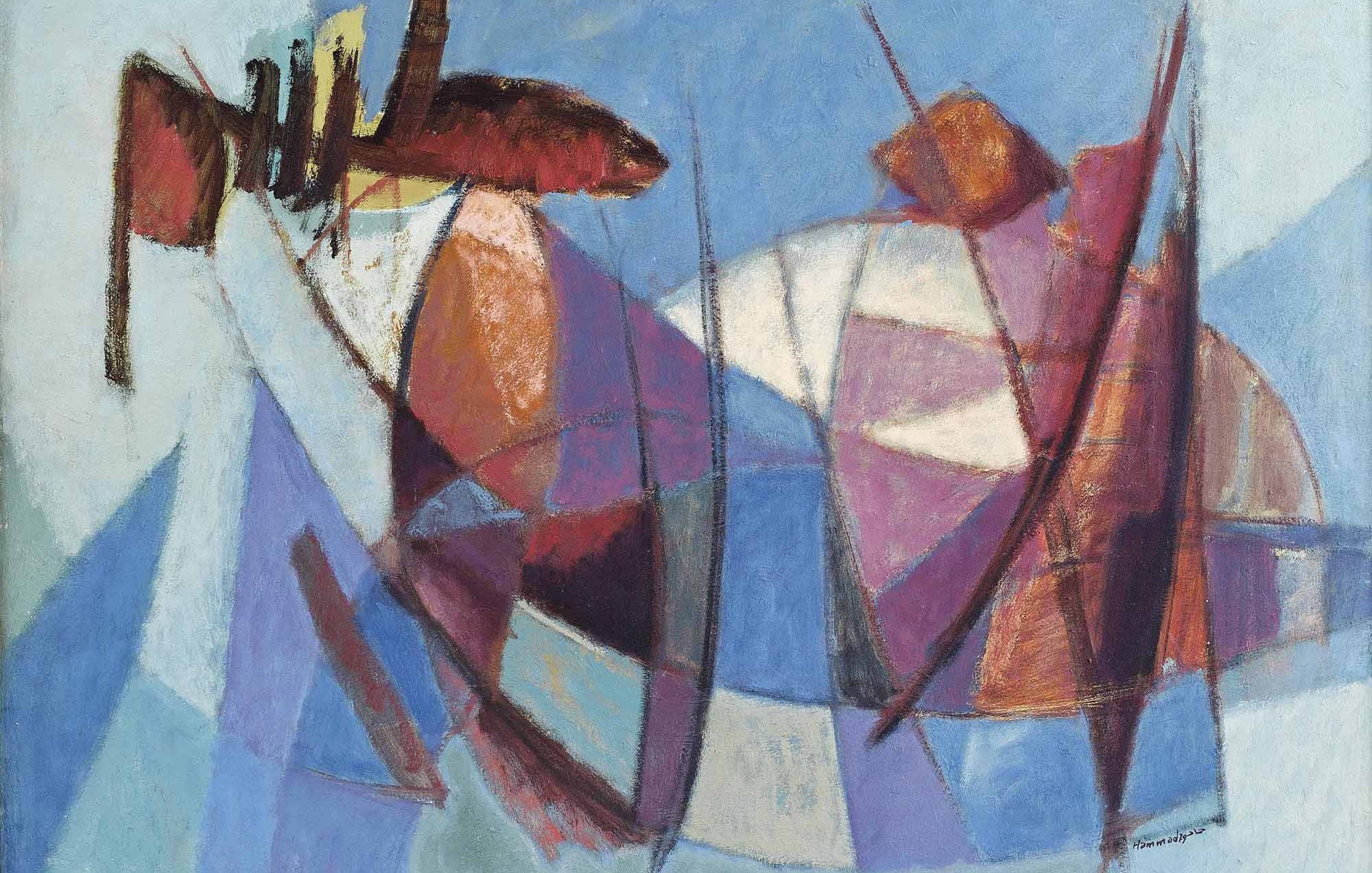 L'image représente une œuvre abstraite, utilisant des formes géométriques et des couleurs vives. On y voit des formes arrondies et angulaires, avec des tons de bleu, de rouge, de rose et de jaune. Les formes semblent se chevaucher et s'entrelacer, créant un jeu de contrastes. L'ensemble donne une impression de mouvement et d'énergie, typique de l'art moderne. La composition joue sur des lignes nettes et des plans colorés, offrant une perception dynamique et captivante.