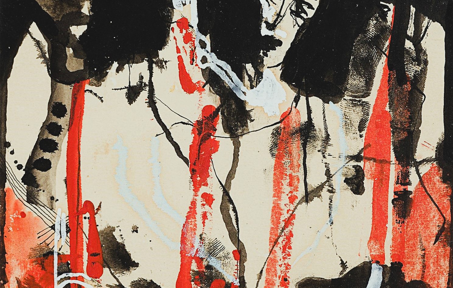 Cette image présente une œuvre abstraite, caractérisée par des formes humaines stylisées. Les figures semblent déformées, avec des traits sombres et des couleurs vives, notamment du rouge, qui évoquent des émotions intenses. Le fond est composé de couleurs contrastantes, créant une ambiance dramatique. Les lignes et les taches suggèrent une scène chargée de tension, invitant à une interprétation personnelle. L'utilisation du noir et du beige met en avant les couleurs éclatantes et renforce l'impact visuel.