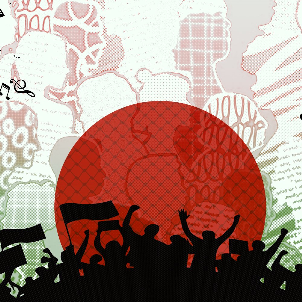 Un groupe de personnes chantant, avec un grand symbole circulaire rouge en arrière-plan.