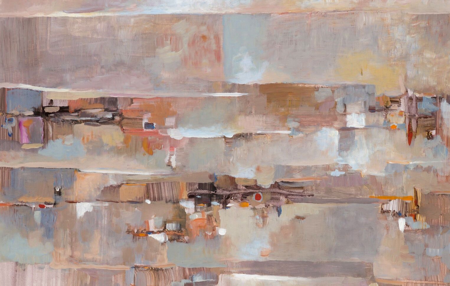 L'image représente une œuvre abstraite caractérisée par des couleurs douces et des motifs géométriques. Les teintes variées de beige, de crème, et des touches de marron, orange et bleu créent une atmosphère apaisante. Les formes semblent fluides et s'entrelacent les unes avec les autres, suggérant un paysage stylisé ou une réflexion. Le tableau évoque une sensation de calme et d'harmonie, tout en laissant place à l'interprétation personnelle.