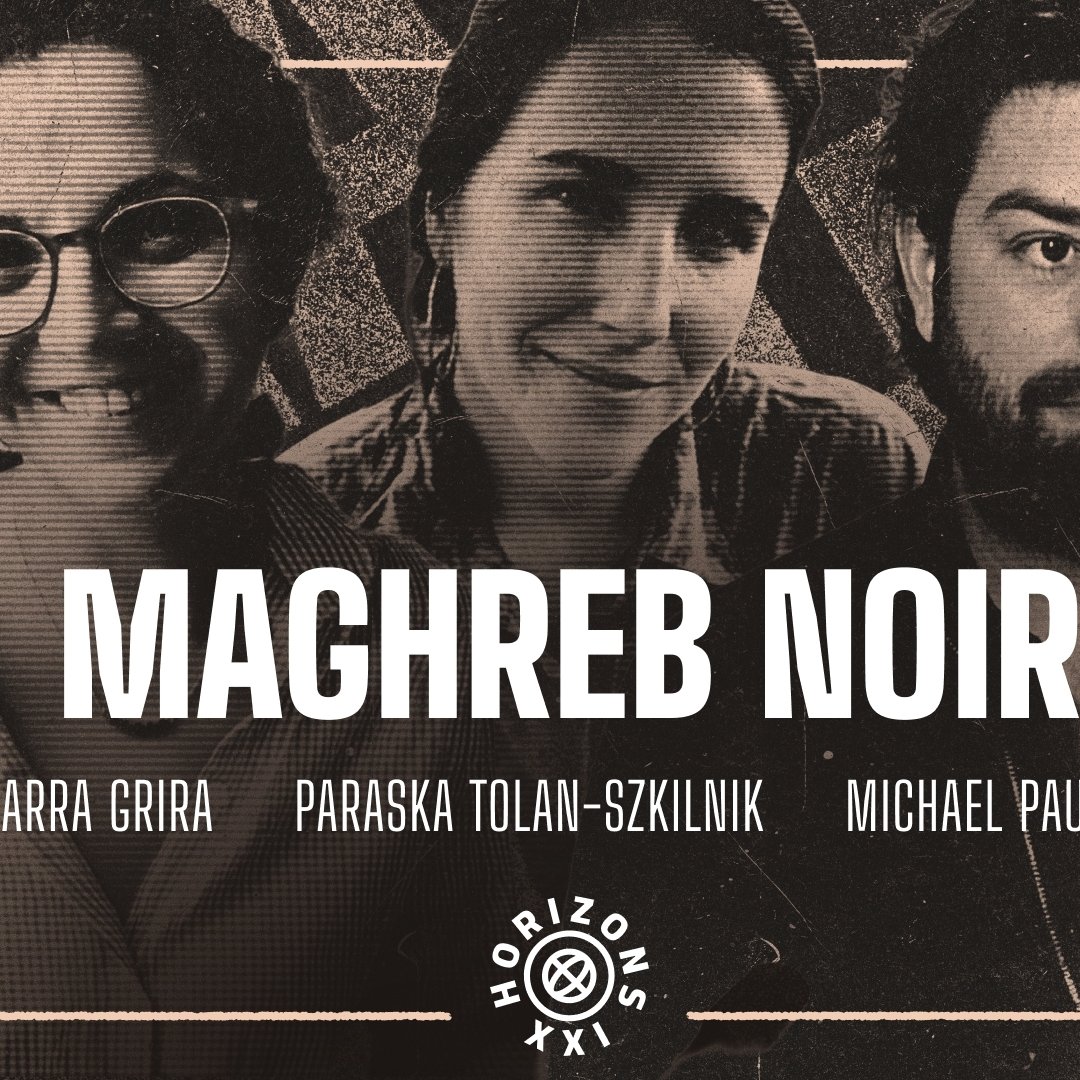 Trois personnes posent, avec le titre "Maghreb Noir" en avant. Ambiance artistique.