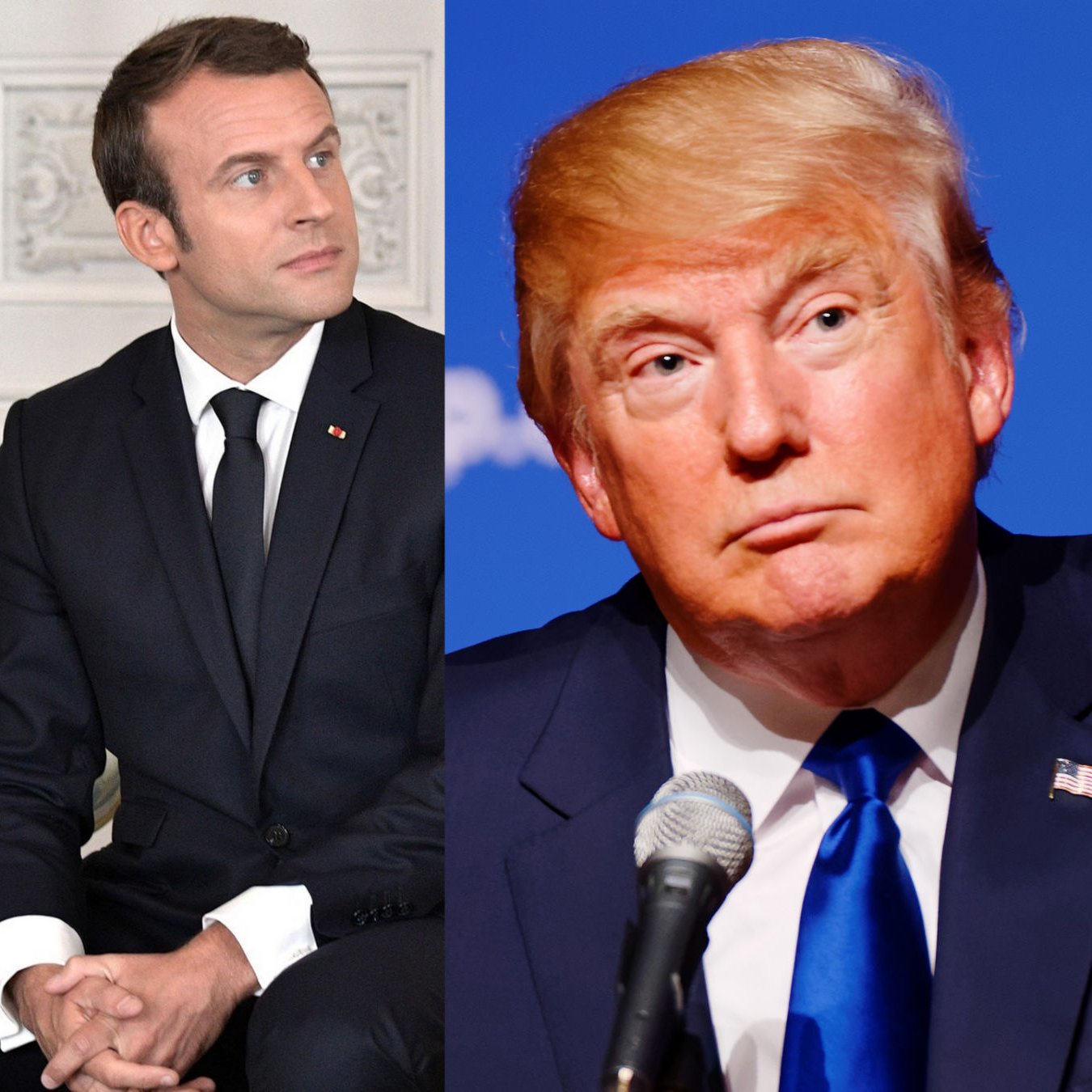 این تصویر شامل سه نفر است که به ترتیب از چپ به راست به نمایش گذاشته شده‌اند. شخص اول، کسی با ریش و عمامه سفید است که به نظر می‌رسد یک شخصیت مذهبی و سیاسی باشد. شخص دوم، جوان‌تر به نظر می‌رسد و به عنوان یک مرد با موهای کوتاه و لباس رسمی در حال نشستن تصویر شده است. شخص سوم، مردی با موهای روشن و حالت چهره‌ای جدی دارد و در حال نگاه کردن به دوربین است. هر سه نفر به نوعی نمایندگان کشورهای خود هستند و تصویر به یک موضوع سیاسی اشاره دارد.