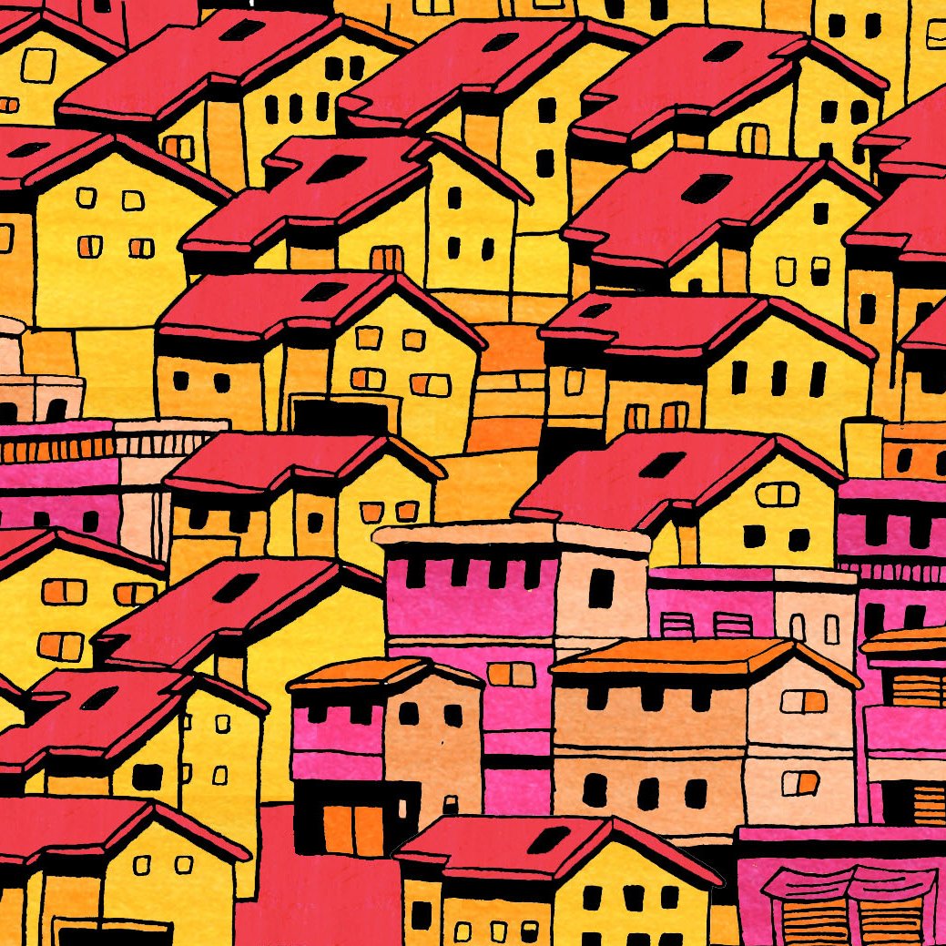 L'image présente un motif coloré de maisons stylisées. Les toits sont principalement rouges, tandis que les murs des maisons varient du jaune au rose et au beige. Les bâtiments sont agencés de manière dense, créant une impression de foule architecturale. Le fond est lumineux et offre un contraste vif entre les couleurs chaudes. L'ensemble dégage une atmosphère dynamique et vivante.