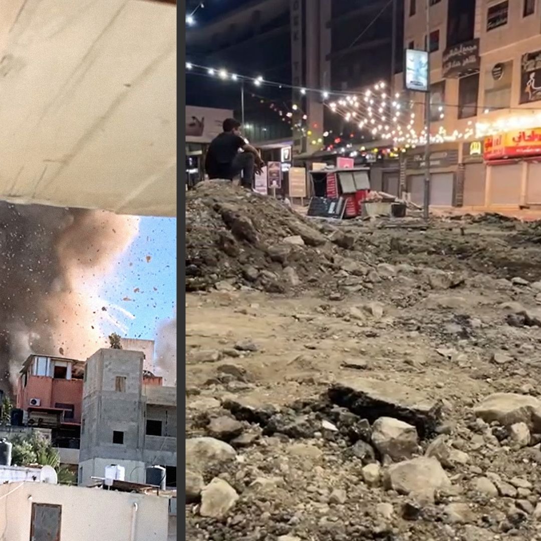 این تصویر شامل دو قسمت است. سمت چپ، صحنه‌ای از انفجار را نشان می‌دهد که دود و خاک به هوا بلند شده‌اند. ساختمان‌ها در پس‌زمینه قابل مشاهده‌اند و این انفجار باعث آسیب به محیط اطراف شده است. سمت راست تصویر، نمایی از یک منطقه ساختمانی را نمایش می‌دهد که به نظر می‌رسد در حال تعمیر یا ساخت و ساز است. زمین ناصاف و پر از سنگ و خاک است و نورهای فضای عمومی در پس‌زمینه دیده می‌شوند. این تصویر ممکن است احساساتی از ناامنی یا بی‌نظمی را منتقل کند.