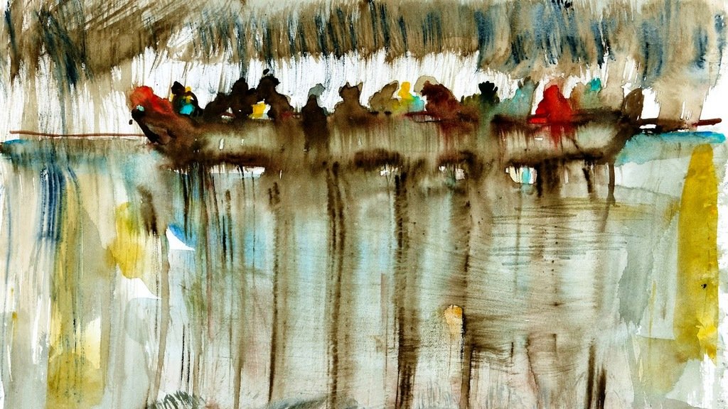 L'image semble représenter une scène aquatique réalisée en aquarelle. On y voit une barque ou un groupe de personnes sur l'eau, reflétant des couleurs douces comme le brun, le beige et quelques touches de rouge et de vert. Les silhouettes sont floues, créant une atmosphère paisible et légèrement mystérieuse. L'ensemble dégage une impression de tranquillité, avec des mouvements fluides de l'eau qui se mélangent aux couleurs.