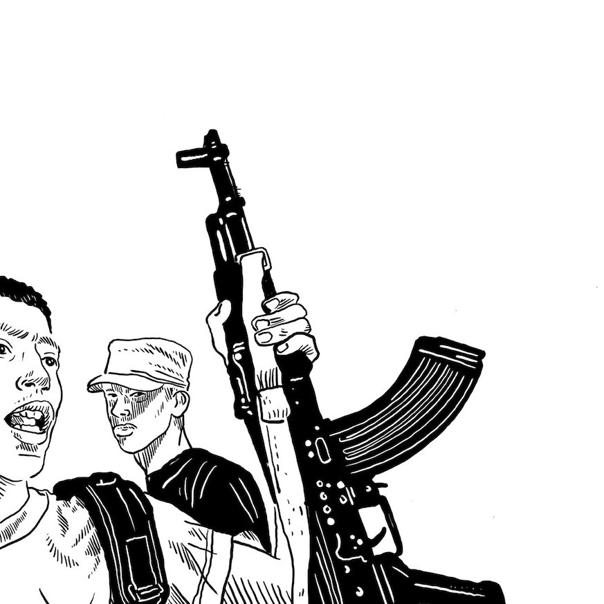 L'image montre des personnages dessinés en style graphique. L'un des personnages est en avant-plan, tenant un fusil d'assaut, tandis que l'autre se trouve à l'arrière. L'expression de leur visage semble intense, suggérant une situation de conflit ou de tension. L'arrière-plan est principalement blanc, ce qui met en avant les personnages et l'armement.