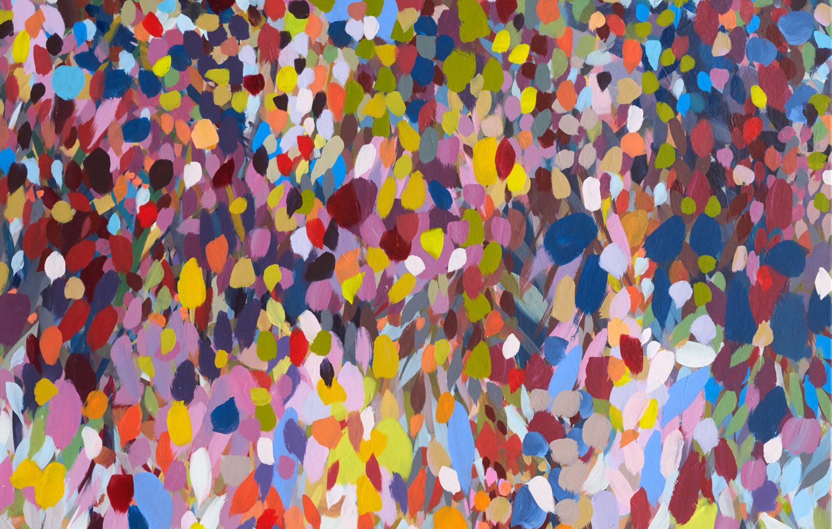 Cette image est une peinture abstraite qui présente un ensemble vibrant de couleurs. Des taches de peinture en forme de petites éclats ou gouttes, dans des teintes variées telles que le rose, le violet, le jaune, le bleu et le vert, créent une composition dynamique et joyeuse. L'ensemble évoque une sensation de mouvement ou de joie printanière, semblant représenter un champ de fleurs ou une explosion de couleurs. Les formes sont légèrement floues, renforçant le côté impressionniste de l'œuvre.