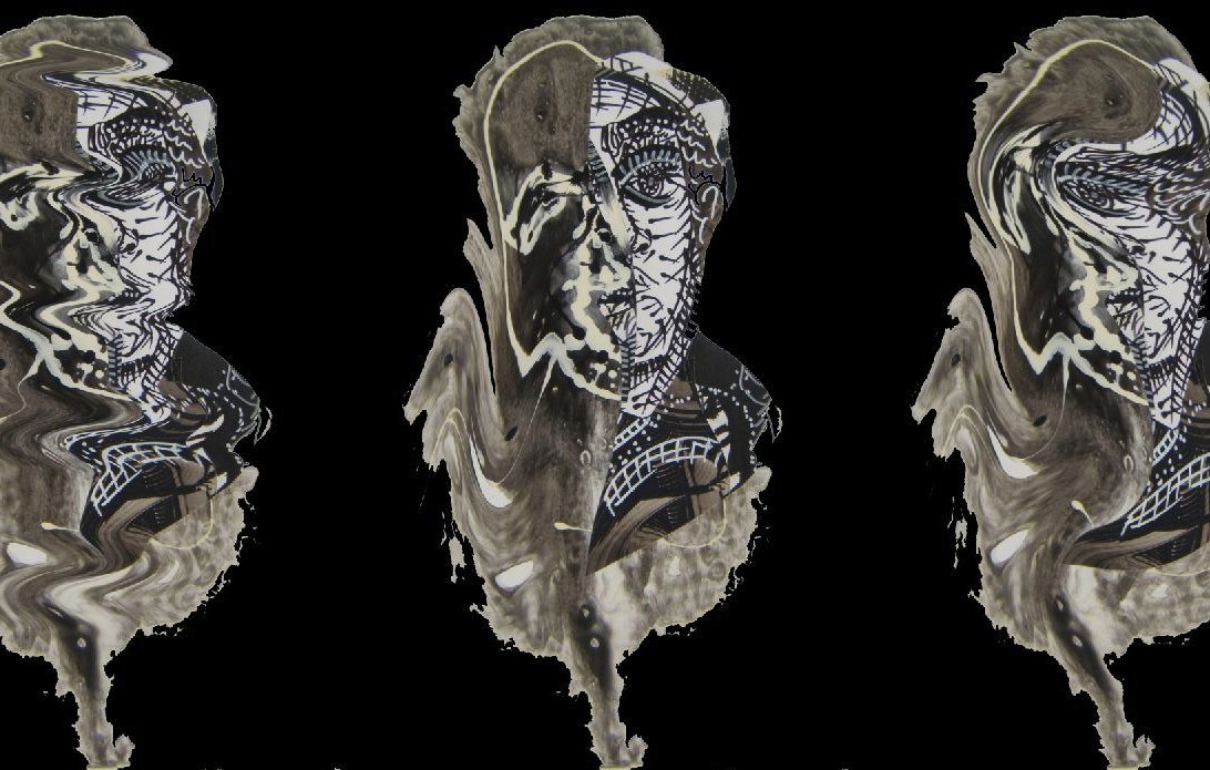 L'image présente une série de trois sculptures stylisées ou portraits, qui semblent légèrement déformés ou ondulés, créant une impression de mouvement ou d'abstraction. Chaque figure a des traits faciaux simplifiés, avec des éléments graphiques noirs et blancs qui évoquent un style artistique particulier. L'arrière-plan est noir, ce qui met en avant les détails des sculptures et accentue leur caractère énigmatique. Ces œuvres pourraient évoquer des thèmes comme l'identité ou la perception.
