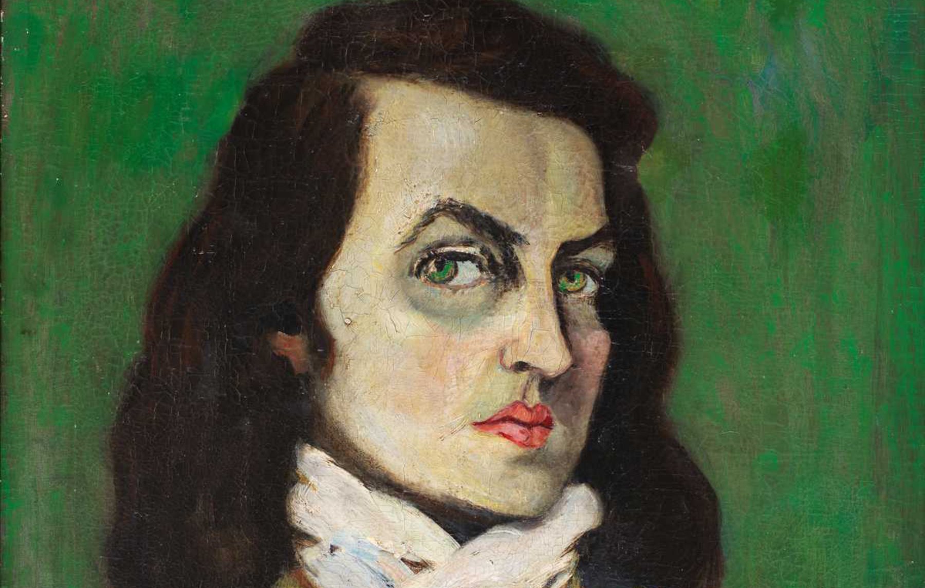 L'image montre un portrait d'une femme avec des traits marqués et une expression intense. Elle a des cheveux longs et foncés, ainsi qu'un regard perçant. La femme porte un vêtement jaune vif et une écharpe blanche autour du cou. L'arrière-plan est d'un vert uni, ce qui met en valeur son visage. Le style de la peinture semble expressif et un peu dramatique, avec des coups de pinceau visibles qui ajoutent une texture dynamique à l'œuvre.