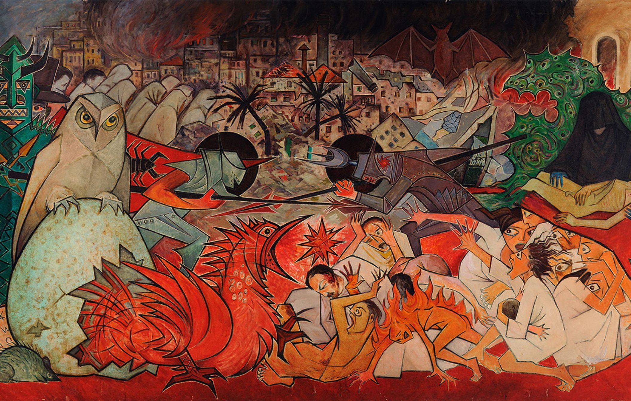 L'image est une peinture dynamique et expressive, représentant une scène chaotique avec des figures humaines en détresse, des éléments naturels comme des arbres et des animaux, et un fond de destruction. Les couleurs sont vives, mélangeant des tons chauds et froids, créant une atmosphère de tension et de tumultes. Des détails symboliques, comme des créatures stylisées, ajoutent à la complexité de la composition.