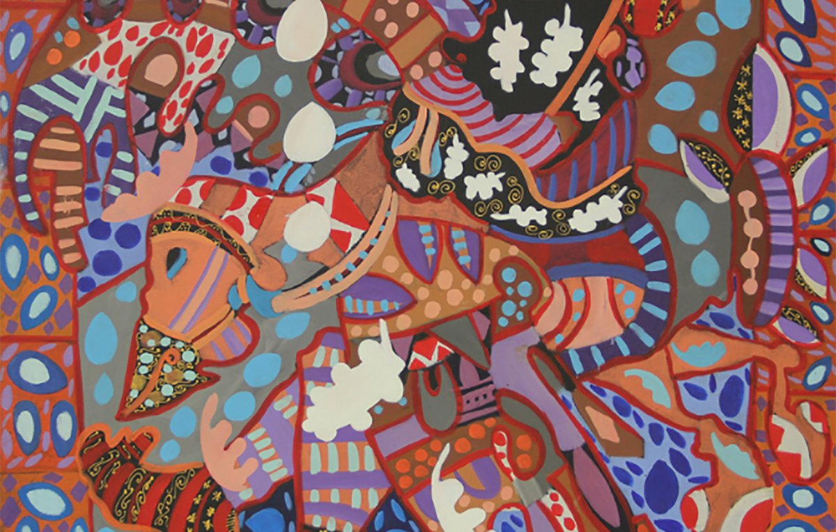 L'image présente une œuvre abstraite et colorée. On peut y voir des formes dynamiques et des motifs vibrants qui se chevauchent. Les couleurs dominantes incluent des tons de bleu, rouge, et orange, créant une atmosphère riche et énergique. Les motifs pourraient évoquer des éléments de la culture ou de la nature, avec des détails qui semblent gestuels et organiques. L'ensemble crée une composition harmonieuse et captivante, incitant à l'interprétation personnelle.