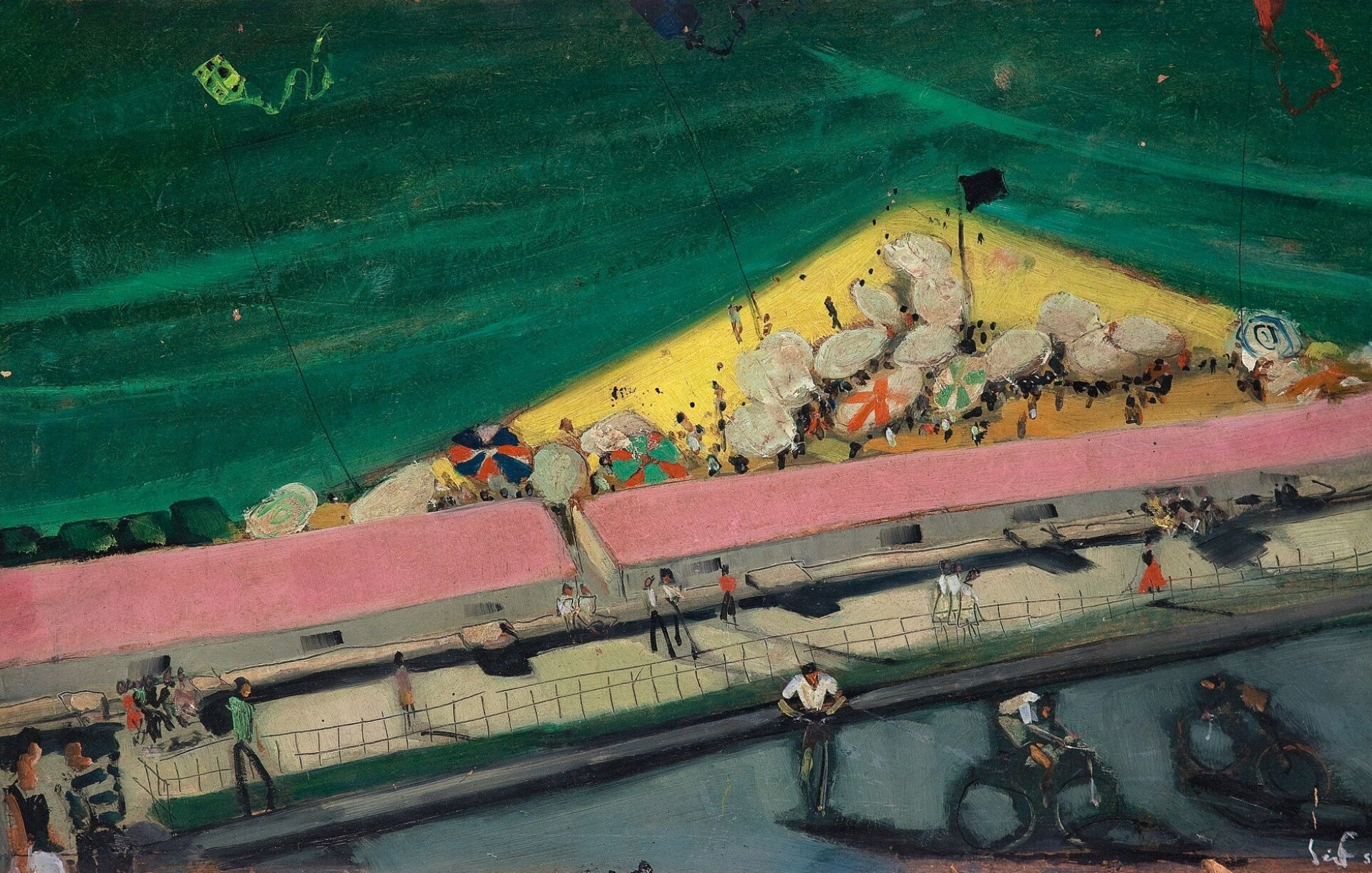 L'image représente une scène de plage animée. On peut voir des parasols colorés et des chaises de plage disposées sur le sable doré. Au premier plan, des personnes se promènent le long d'une promenade, certaines à vélo. La mer est visible en arrière-plan, peint dans des teintes de vert, créant une ambiance estivale. Les couleurs sont vives, et le style est un mélange de réalisme et d'abstraction, donnant une impression de mouvement et de vie.