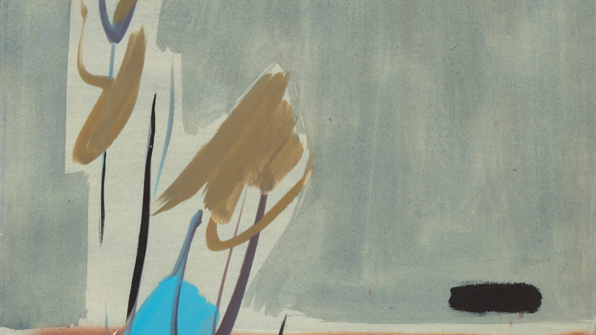 L'image présente une composition abstraite où des formes et des couleurs s'entrelacent. Les teintes dominantes comprennent des nuances de bleu, de marron et de noir, créant un contraste visuel. Des traits de pinceau fluide et dynamiques semblent évoquer un mouvement ou une émotion, tandis que la surface de la toile présente une texture douce et harmonieuse. L'ensemble dégage une impression de modernité et de liberté artistique.