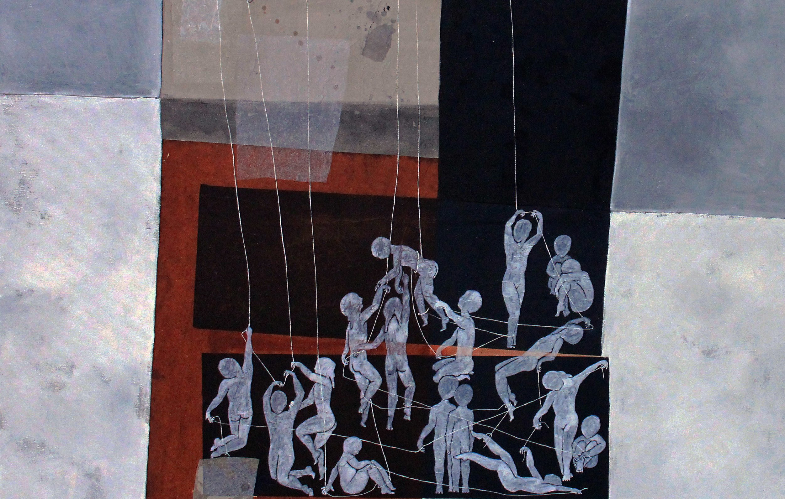 L'image présente une composition artistique abstraite, où l'on peut voir des figures humaines stylisées suspendues par des fils, évoquant un thème de manipulation ou de contrôle. Les couleurs utilisées sont principalement des nuances de gris, noir, blanc et quelques touches de rouge, créant un contraste marqué. En haut de l'œuvre, des mains semblent tirer les fils, ce qui suggère une dynamique entre le pouvoir et l'impuissance. Les différentes positions des personnages transmettent des émotions variées, allant de la lutte à l'équilibre. L'ensemble dégagée une atmosphère introspective et peut être interprété de différentes manières selon le regard de chacun.