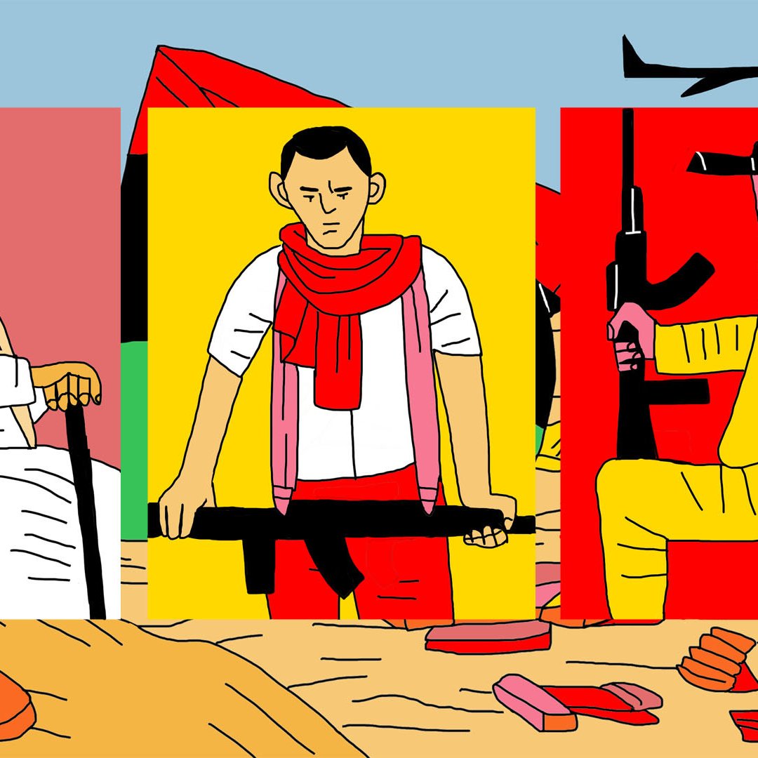 L'image présente trois personnages stylisés, chacun dans un cadre coloré différent. À gauche, un homme portant un turbant rouge et une tenue blanche est assis avec une canne. Au centre, un personnage debout porte un t-shirt et un foulard rouge, tenant une arme automatique. À droite, un homme est habillé en noir et jaune, tenant également une arme. Le fond évoque un paysage désertique avec des éléments de débris colorés. L'ensemble crée une atmosphère qui semble aborder des thèmes de conflit ou de tension.
