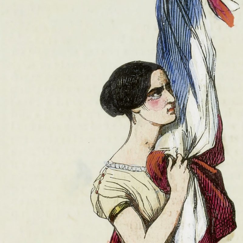 L'image représente une femme tenant une grande drapeau tricolore, aux couleurs bleu, blanc et rouge, symboles de la France. Elle se tient droite, avec une expression déterminée sur le visage. Sa tenue est simple, et ses cheveux sont tirés en arrière. La scène semble évoquer un moment de fierté patriotique ou de célébration nationale. Le style de l'illustration est vintage, suggérant une origine historique.