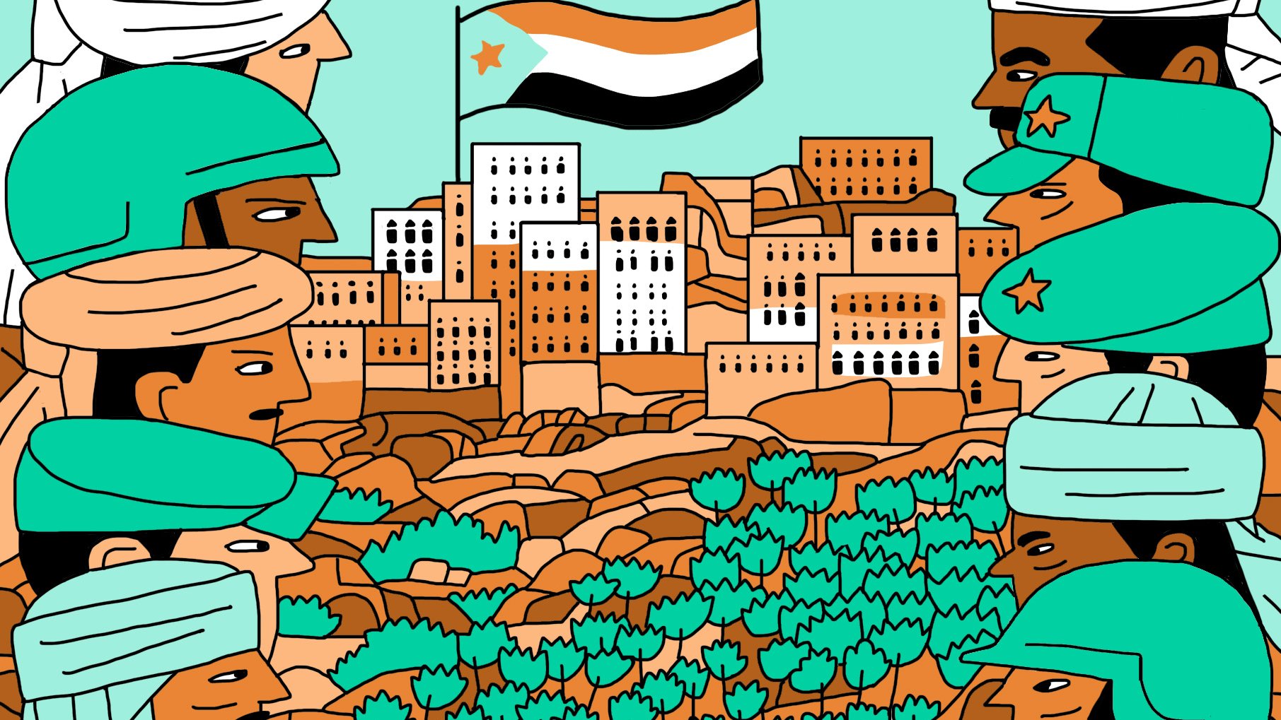 L'image représente une scène stylisée avec plusieurs soldats en avant-plan, chacun portant des casques de différentes couleurs. Ils font face à une ville aux bâtiments colorés, encadrée par des collines. Au centre, un drapeau tricolore avec une étoile flotte au-dessus de la ville. L'ensemble est réalisé dans un style graphique, avec des formes simplifiées et des couleurs vives. Les soldats semblent symboliser des factions distinctes, tandis que l'arrière-plan illustre un paysage régional.