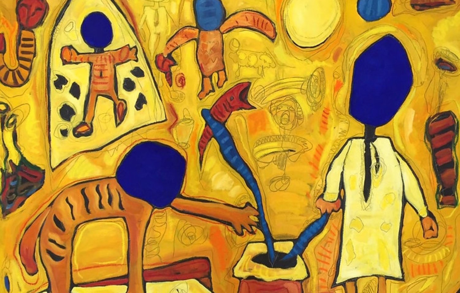 L'image présente une scène artistique vibrante remplie de couleurs chaudes, dominées par des jaunes et des oranges. On y voit des figures humaines stylisées avec des têtes rondes bleues et des corps simplifiés. L'une des figures semble interagir avec un objet au centre de la composition, tandis qu'une autre figure se trouve à l'arrière-plan. Des motifs et symboles abstraits, tels que des silhouettes et des formes géométriques, enrichissent le décor, créant une ambiance à la fois dynamique et mystérieuse. L'ensemble évoque un sens de la créativité et de l'imaginaire.